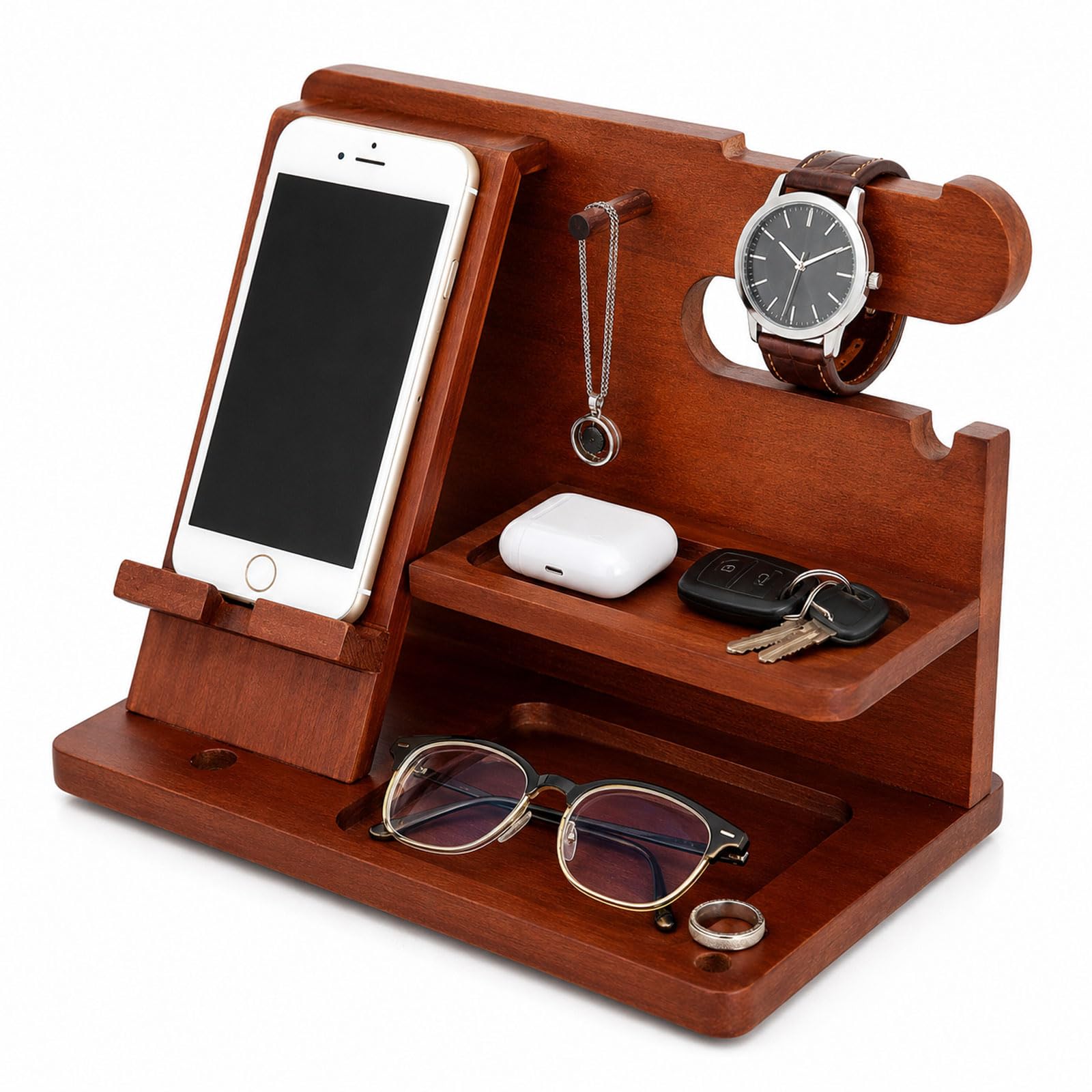 Pskjhn Men's Brown Solid Wood Phone Storage Rack, Wooden Valet Tray For Bedside Desk Organiser For Mobile Phone, Watch, Earphones, Jewellery, Keys And Small Accessories 25 * 14 * 17Cm