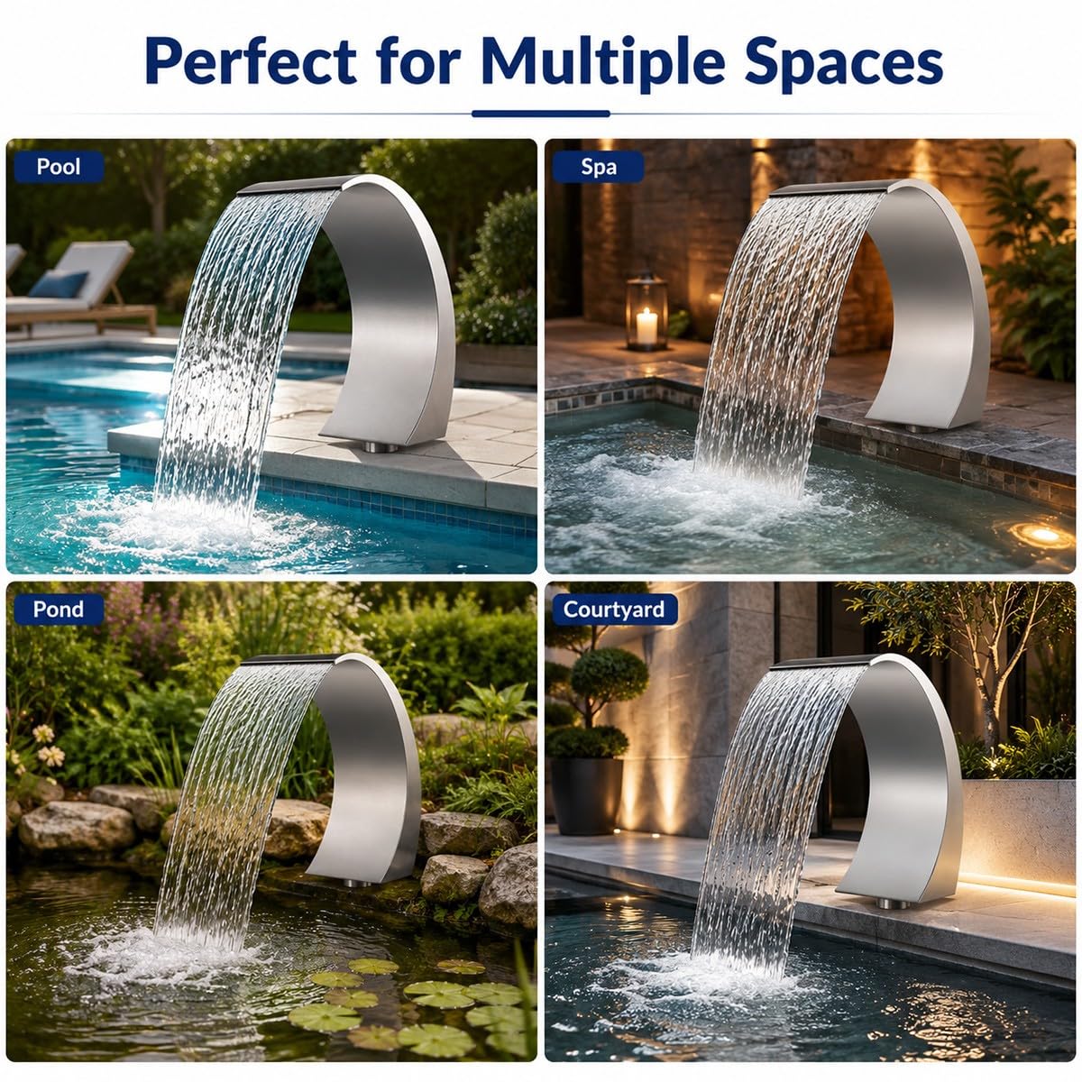 Fontana a Cascata per Piscina 40x20 cm – Doccia a Cascata in Acciaio Inossidabile 304 per Piscine Interrate e Fuori Terra – Cascata da Giardino, Laghetto, Giochi d’Acqua, Esterno