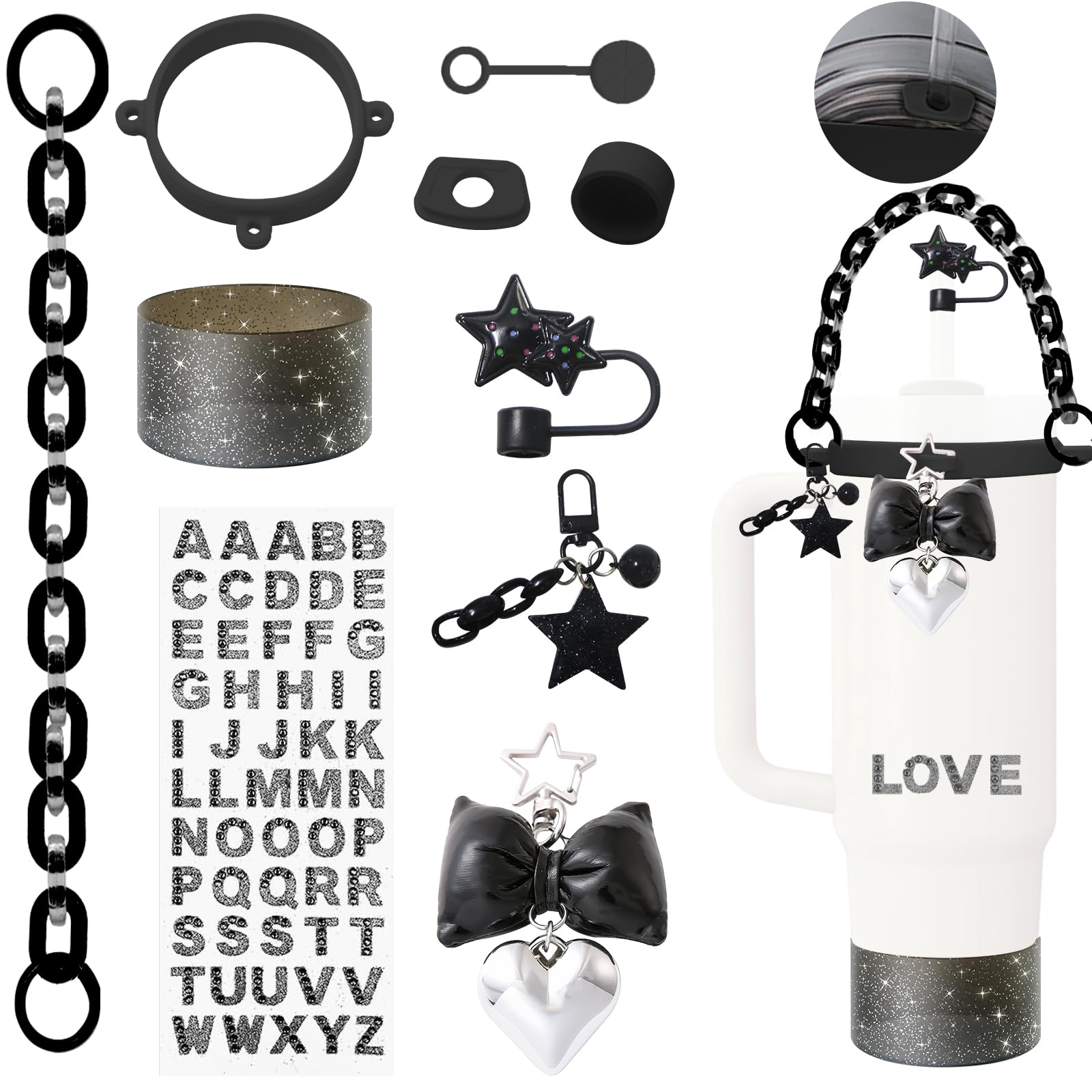 ATCCPYDM Accessories Set for Stanley Cup,Water Bottle Handle Strap,Straw Topper,Silicone Cover Cap and Boot,Keychain Charms,Handle Charms,Initials