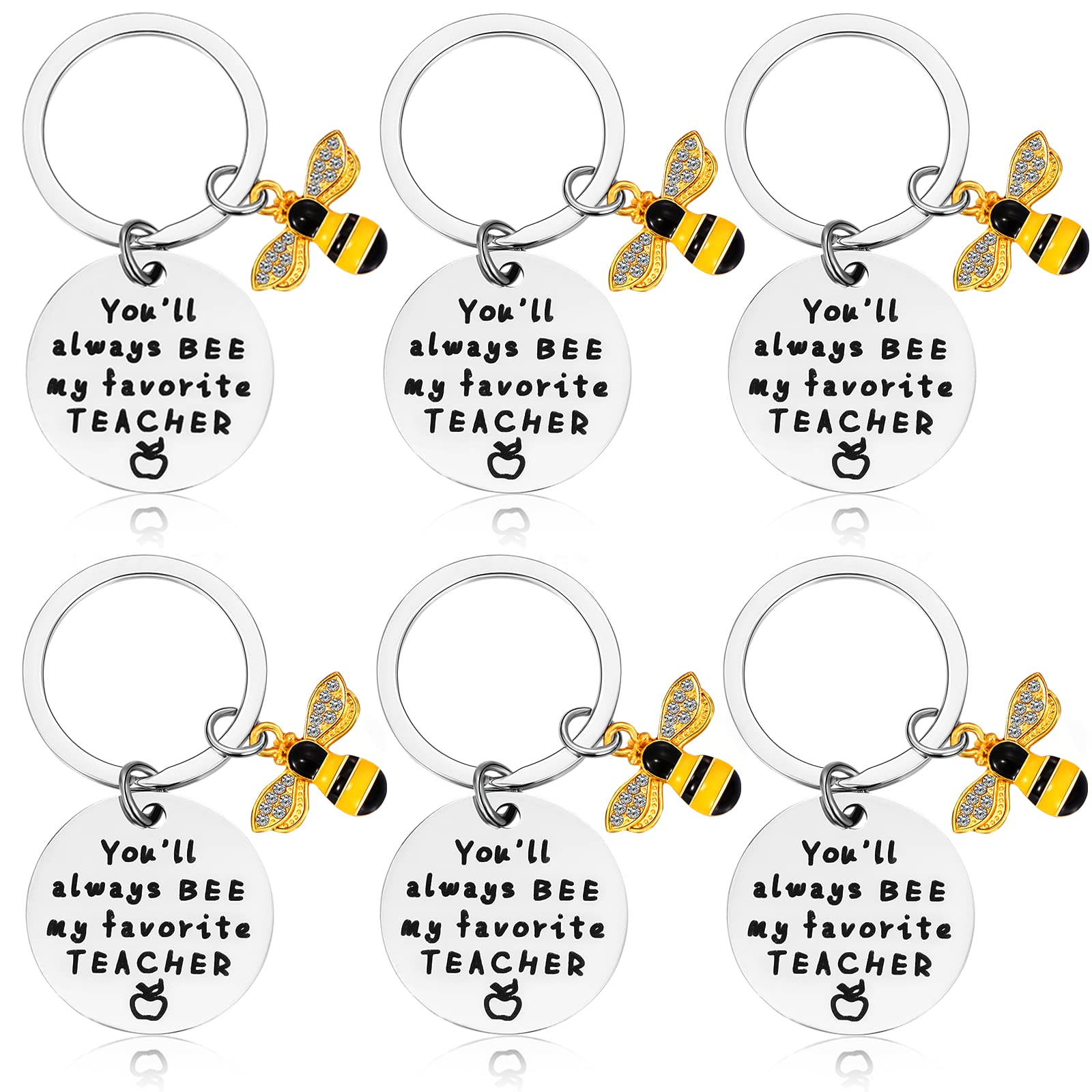 Sureio12 Pcs Teacher Appreciation Gifts Keychain for Women You'll Always Bee My Favorite Teacher Thank You Teacher Gift Keychain with Drawstring Bags for Graduation Teachers Day Gifts