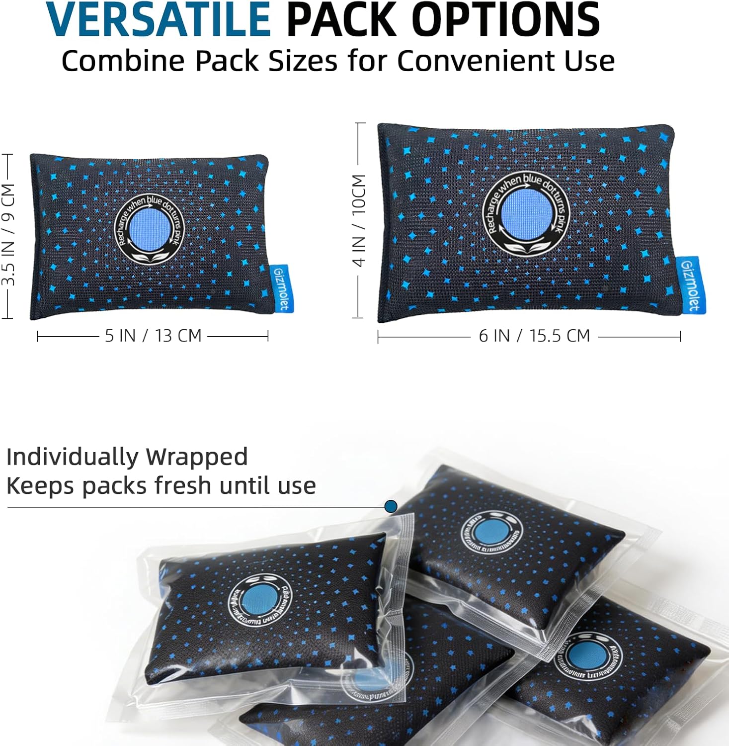 250g (4 Pack) Rechargeable Desiccant Packs for Storage, Color Indicating Moisture Absorbers with “S” Hook Hanging, Silica Gel Packets for Closets, 3D Filament, Gun Safe, Electronic, Toolbox, Safe