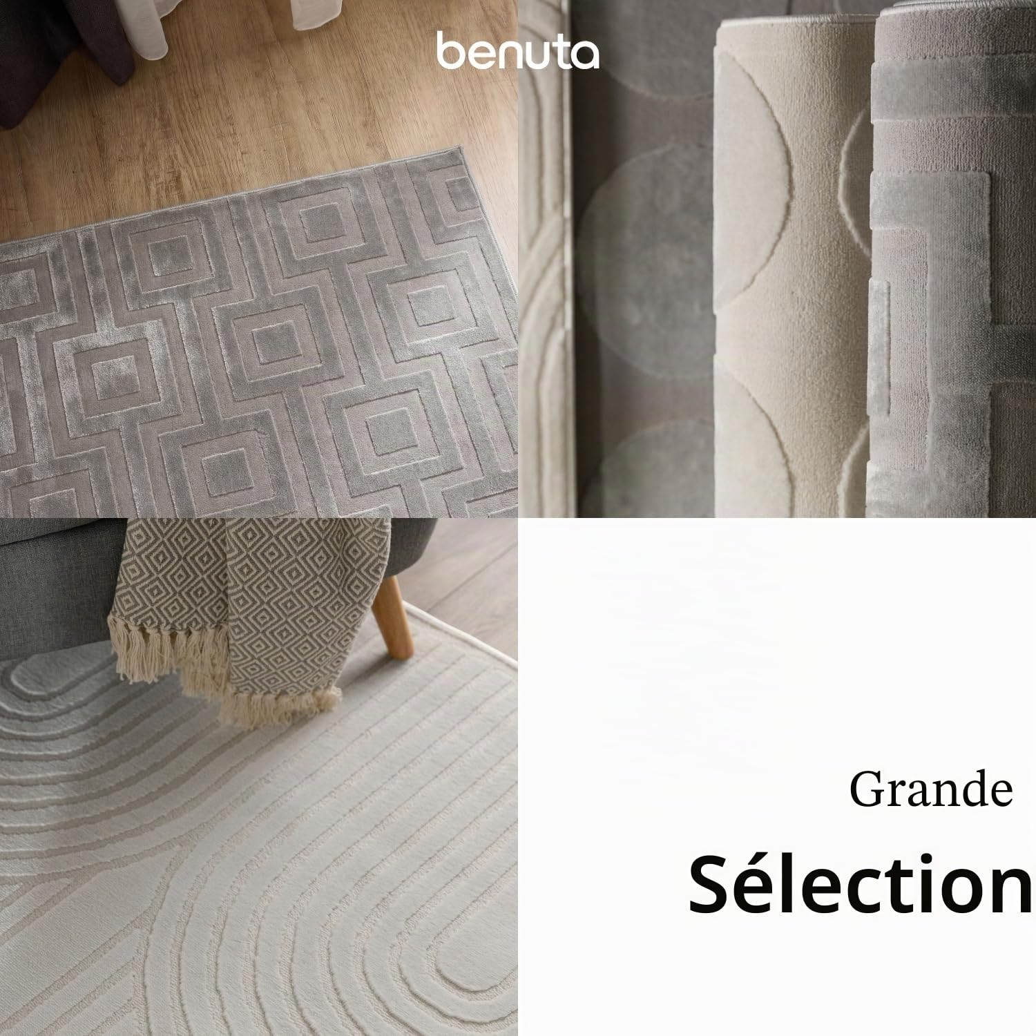 benuta Basic Tapis Salon Claire - Crème 160x230 cm - Minimaliste géométrique rétro - Facile Entretien - Compatible Chauffage - pour Chambre, Bureau, Couloir, Bebe