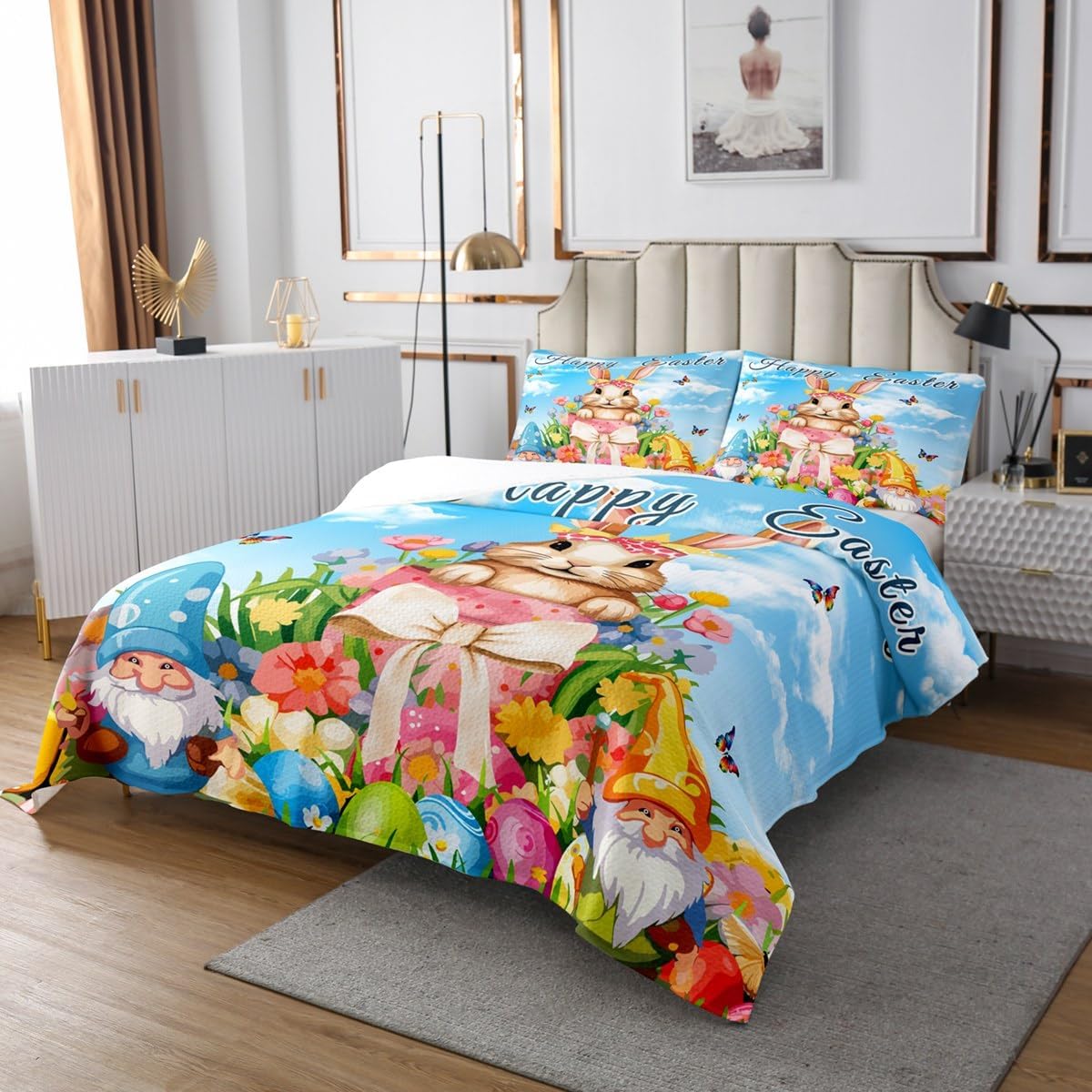 Feelyou Happy Easter Bedspread Twin Size Spring Easter Coverlet Set Rabbits Bedding Cover Easter Eggs Bedding Set for Boys Girls Kids Adults