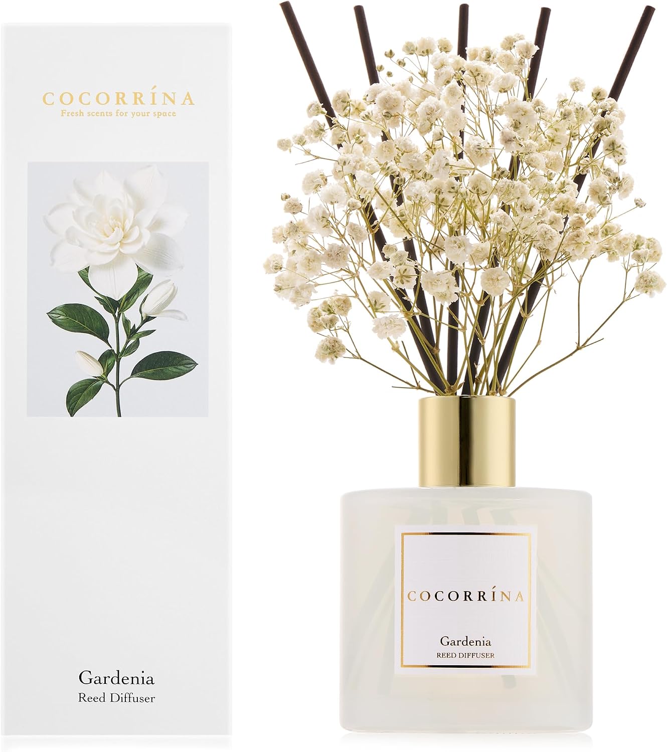 COCORRÍNA Room Fragrance 200 ml with 8 Fragrance Sticks, Gardenia, Natural Essential Oils for a Long-Lasting, Refreshing Fragrance, Home Fragrance for Living Room, Bedroom, Bathroom Decoration
