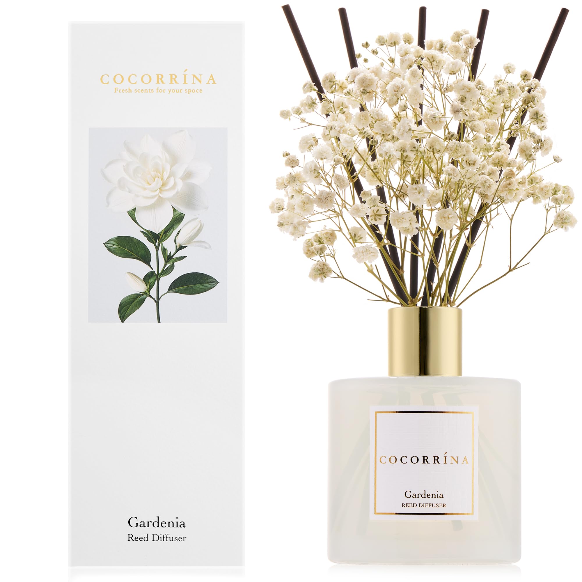 COCORRSTONE Room Fragrance 200ml with 8 Fragrance Sticks Gardenia Natural Essential Oils for a Long Lasting Refreshing Fragrance Home Fragrance for Living Room Bedroom Bathroom Decoration