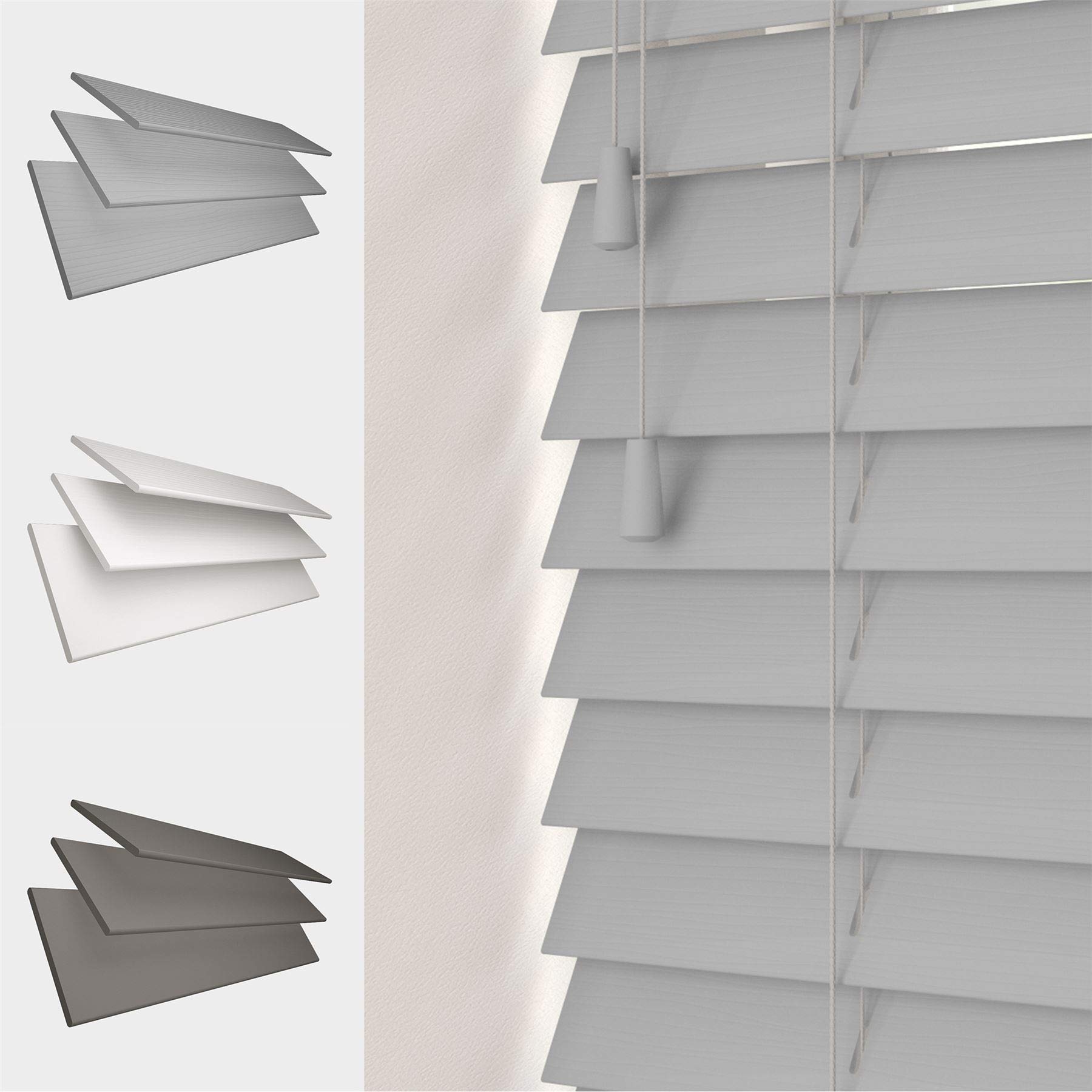 FAUX WOOD GRAIN VENETIAN BLINDS 50MM SLATS TRIMMABLE EASY FIT OFFICE HOME [Light Grey, 135cm Width x 120cm Drop, String]