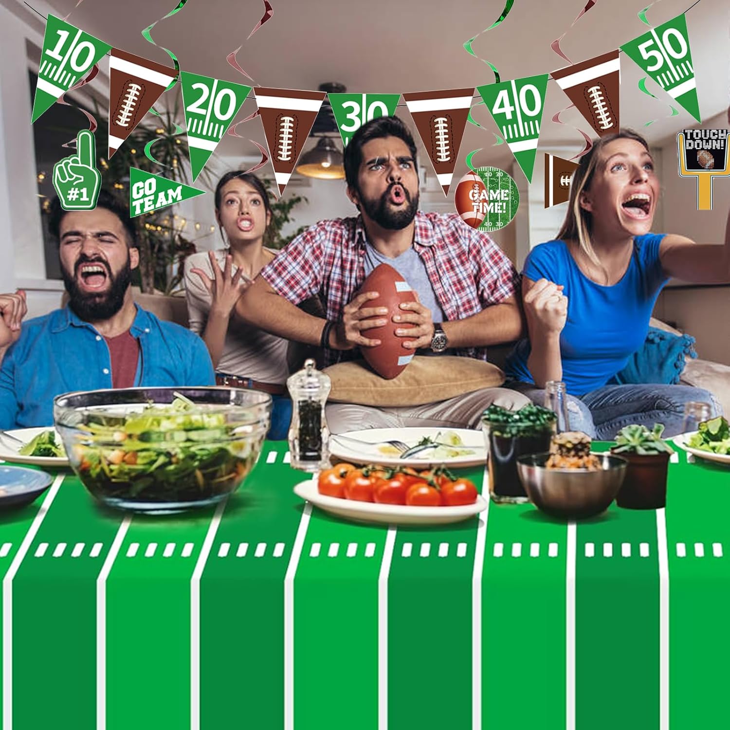 Football Party Decorations Supplies-Super Bowl Football Theme Party 54 X 108Inch Disposable Tablecloth & American Football Triangle Flags Banner & Football Hanging Swirl for Gameday Tailgate Party