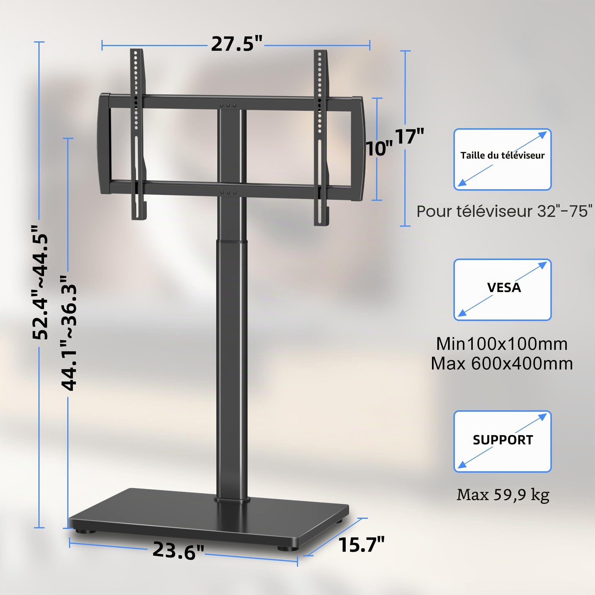 XINLEI Support TV Universel au Sol pour Écrans 32-75 Pouces, Support Mural Inclus, Gestion des Câbles, Charge Max 60 kg, VESA 600x400 mm, TS004H