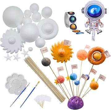 Solar System Model for Crafts, 54 Pack Solar System Project Kit for DIY | Includes Polystyrene Foam Balls, Flags, Brushes, Sticks, Color Set, Mixing Tray, Stickers, Balloon