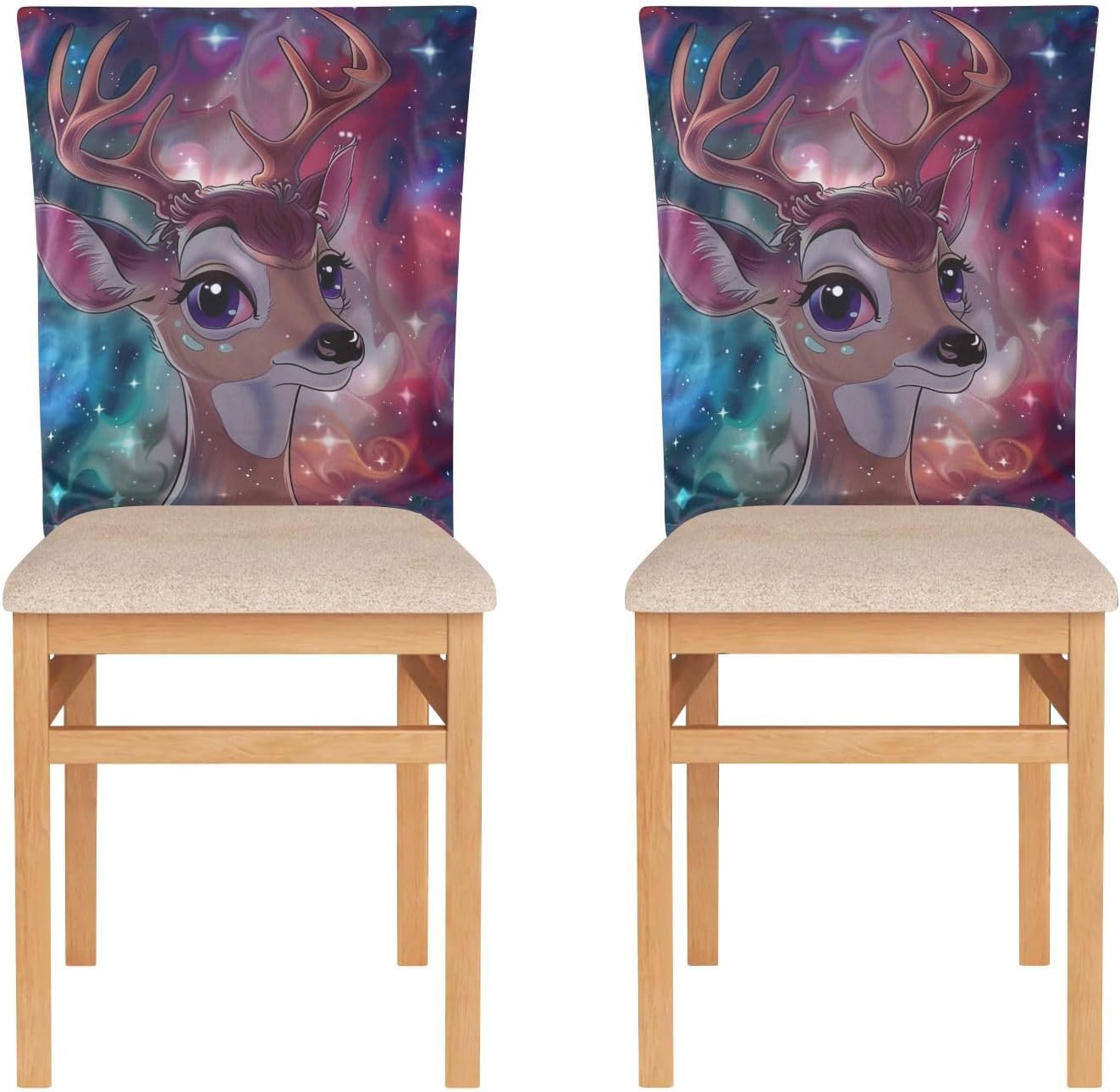 ALAZA Cute Deer in The Galaxy Chair Back Cover Set of 6, Washable Reusable Removable Chair Slipcovers Decorative Chair Cover for Home Kitchen Wedding Party