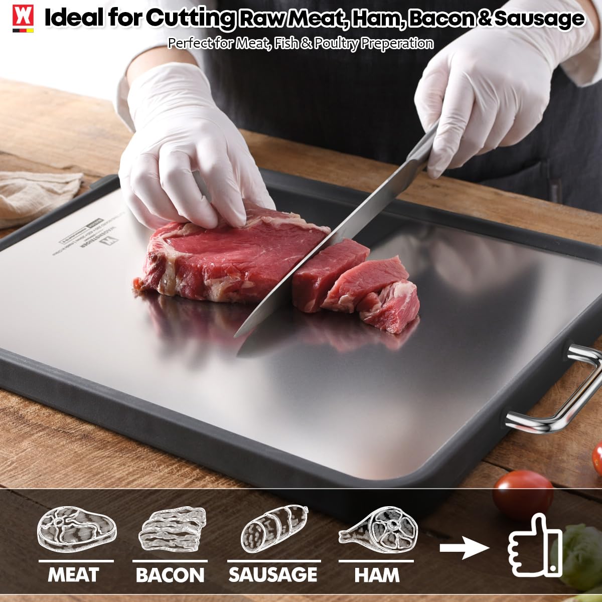 WAGENSTEIGER Tabla de cortar de doble cara de acero inoxidable, tabla de cortar, lado de tabla de metal y lado de tablero de plástico con paja de trigo en el interior, fácil de limpiar, diseñada para