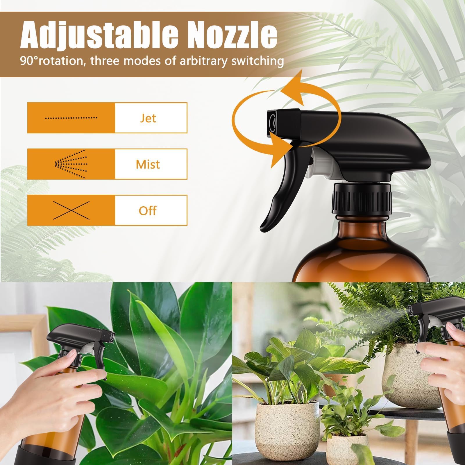 3 Botellas Spray Vidrio Ámbar 500ml, Rociador Ajustable, Spray Bottle, Pulverizador Agua, Bote Spray Pulverizador para Limpieza y Plantas - 4