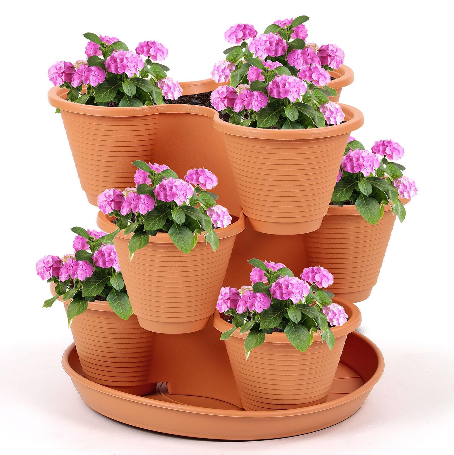 Livhome Terracotta 3 Tier Stackable Vertical Planter, Indoor Outdoor Plant Pot, Strawberry Planter, Herb Garden Planter, Vegetable Growing Tower, Flower Pot For Home Garden (Terracotta)