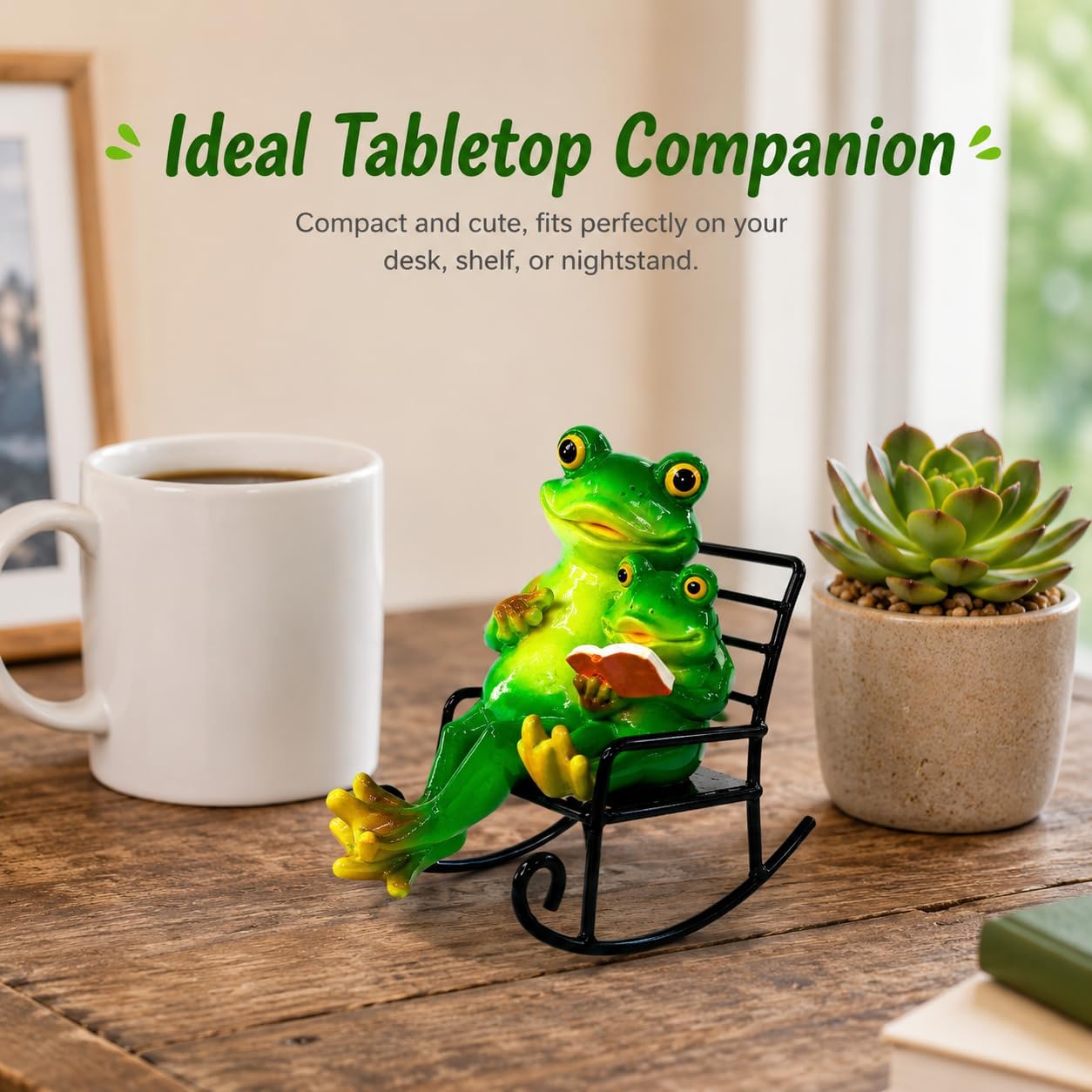 Whimsical Reading Frog Statue on Iron Rocking Chair, Resin Mother and Baby Frog Figurine for Bookshelf, Desk and Garden Decor, Cute Animal Sculpture Gift for Book Lovers and Mom, 5.9" Tall