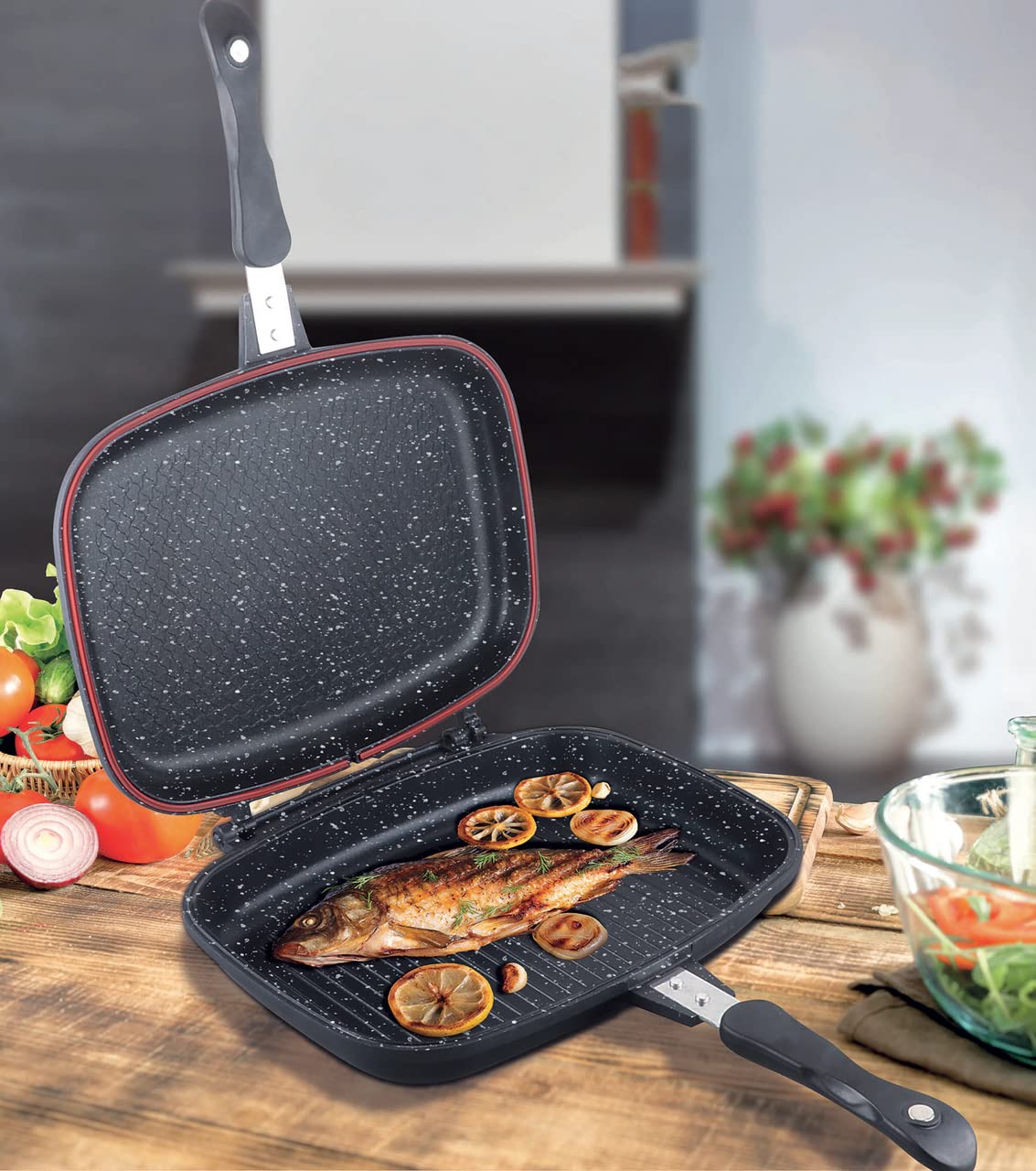Cheffinger Podwójna patelnia 32 cm, odlew aluminiowy, patelnia do grillowania, indukcja, patelnia do ryb