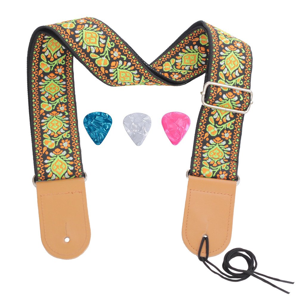 Rufun Guitar Strap Retro Adjustable Jacquard Weave Vintage Accessory for Basse Electric Acoustic Guitar, 3 Picks Included (Orange)