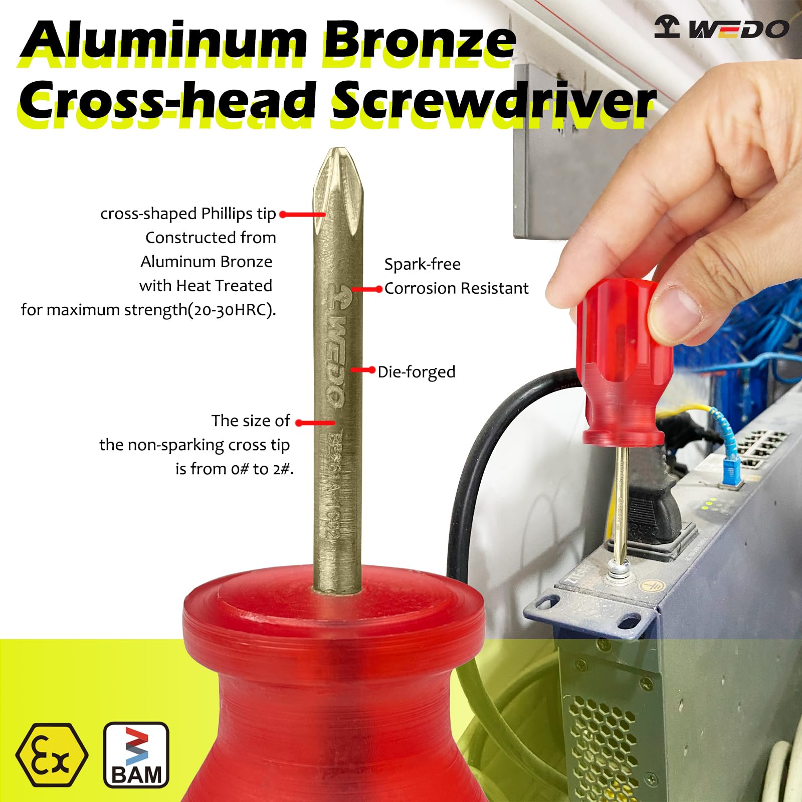 WEDO Zestaw 7 nieiskrzących wkrętaków płaskich i krzyżowych, kieszonkowe narzędzie do naprawy z łbem płaskim i krzyżowym, aluminiowy brąz, standard DIN, certyfikat BAM i FM, do ciasnych przestrzeni