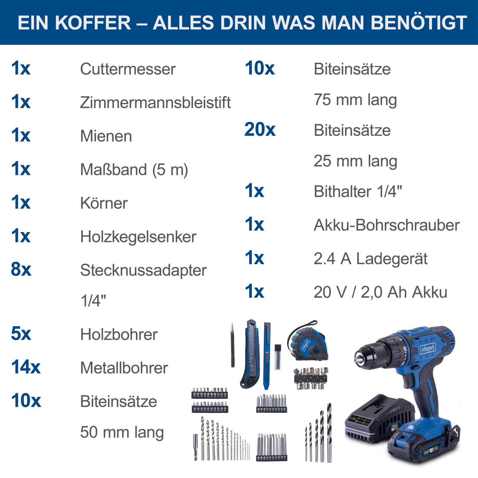 Scheppach Mobilny warsztat C-DTB74/1-X Zestaw narzędzi, akumulatorowa wiertarko-wkrętarka 20V z 1 akumulatorem 2Ah, ładowarka i zestaw akcesoriów 74 części | Zakres mocowania 1,5-13 mm | Moment