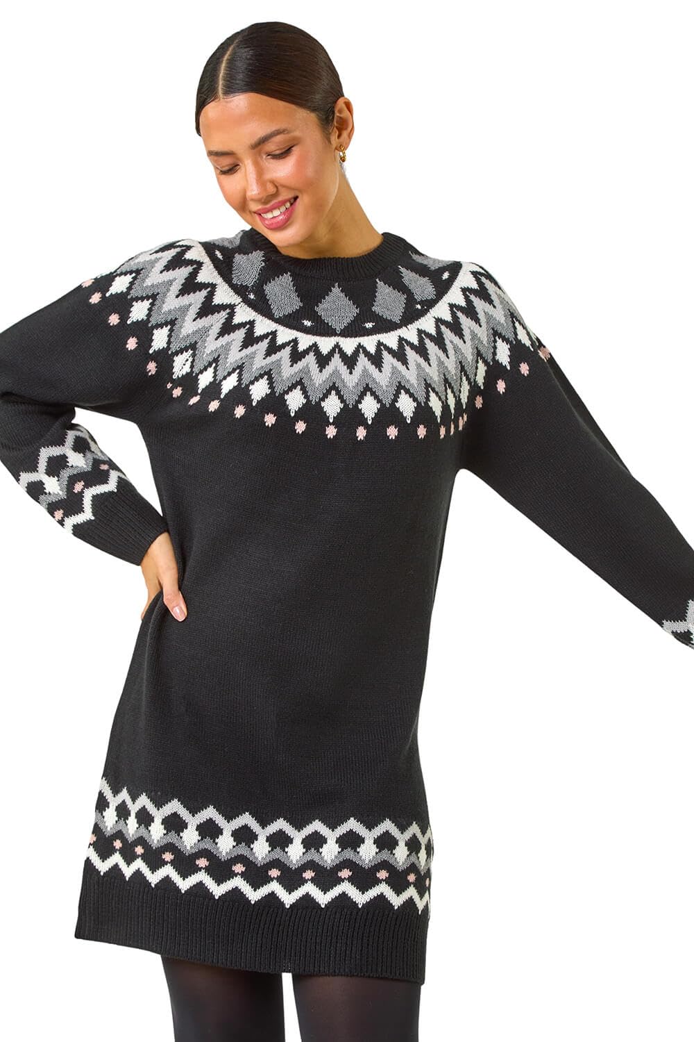 Roman Black Geometric Print Knitted Shift Dress - Knee Length - Long Sleeve - Round Neck - Size 16