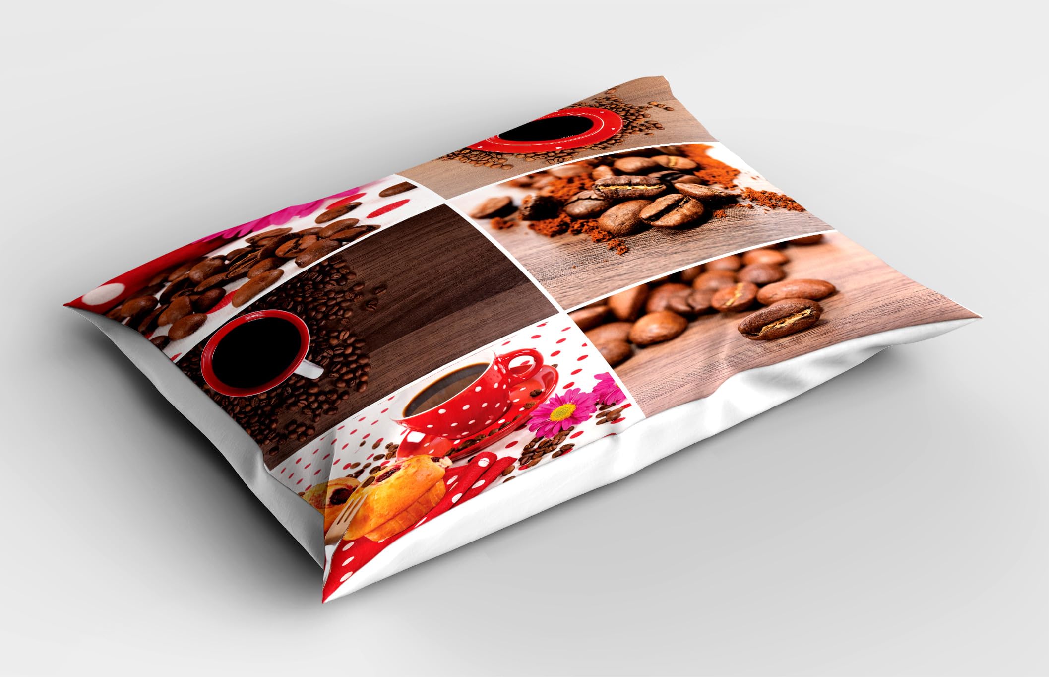 Ambesonne Coffee Pillow Sham Set of 2, Coffee Themed Collage of Mugs Polka Dots Flowers Beans Muffins Close up Photography, Quality Microfiber Bedding Item for All Seasons, 26