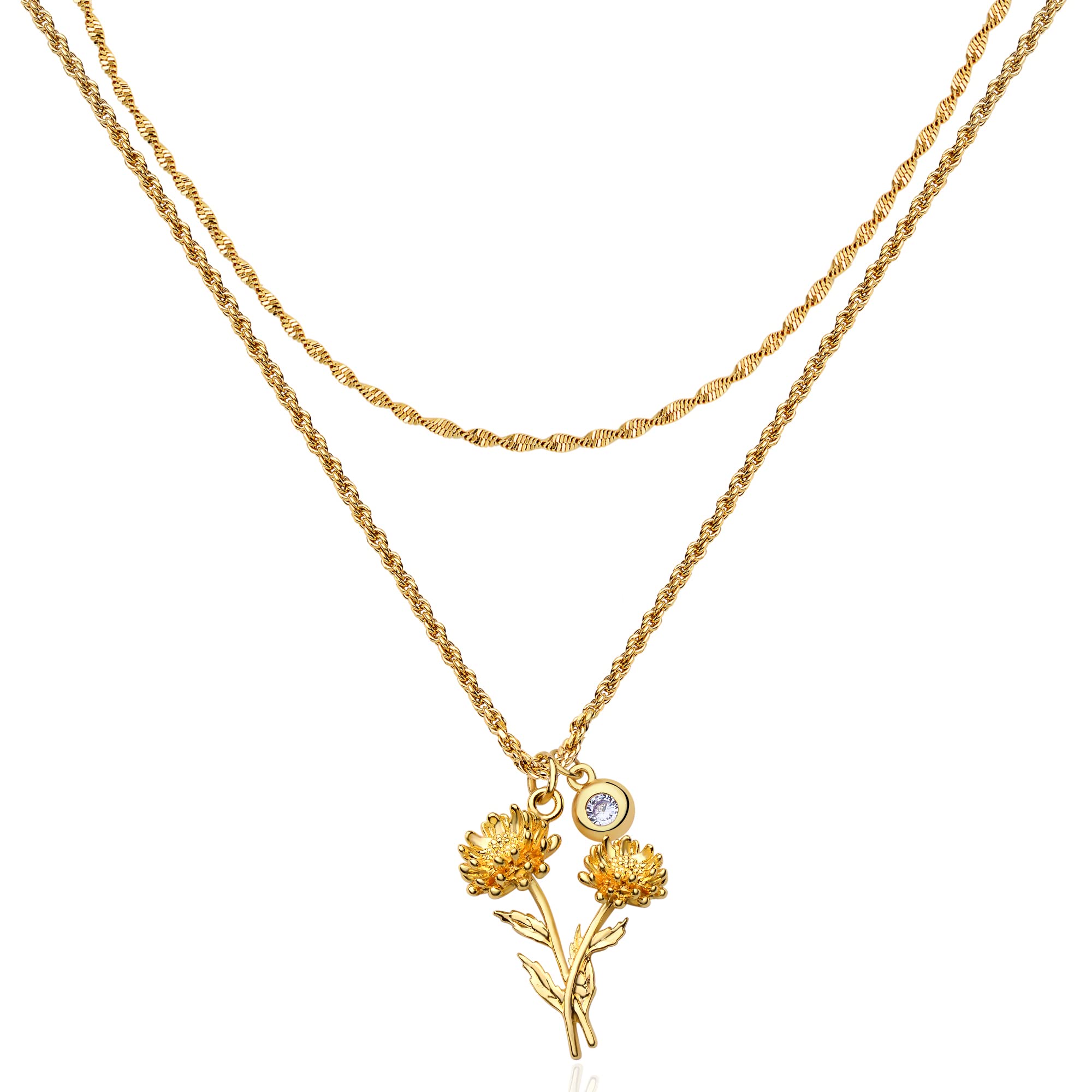 MTMY Birth Flower Necklaces for Women 18K Gold Plated Dainty Layered Birth Month Flower with Birthstone Pendant Necklaces Personalized Custom Floral