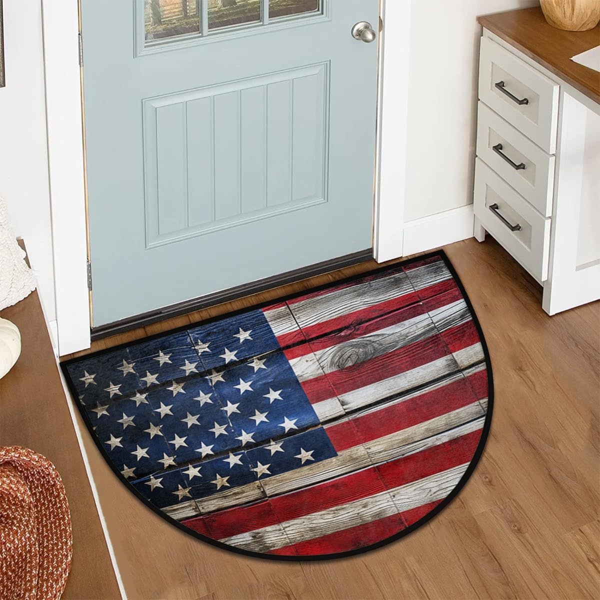 Half Round Door Mat Amerian Flag Wooden Retro Welcome Mats Non-Slip Front Doormat Indoor Entrance Half Circle Bathroom Mat Low-Profile Kitchen Floor Mats, 36x24in