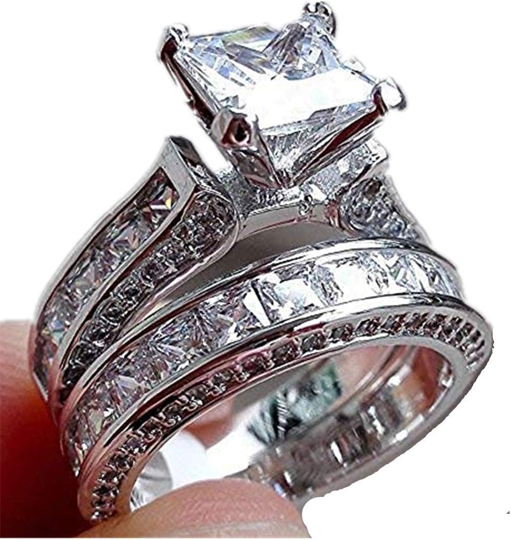 Luxury and Shining 2-in-1 Womens Vintage White Diamond Silver Engagement Wedding Band Ring Set