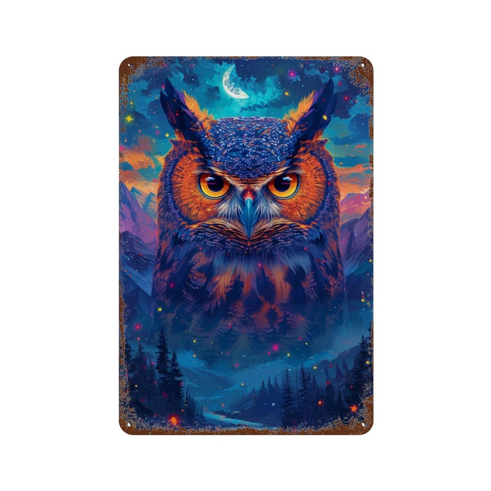 Magical Night Owl Art Print Rustic Tin Plaque 11.8"x7.9", Classic Wall Plaque for Garage, Pub Or Kitchen