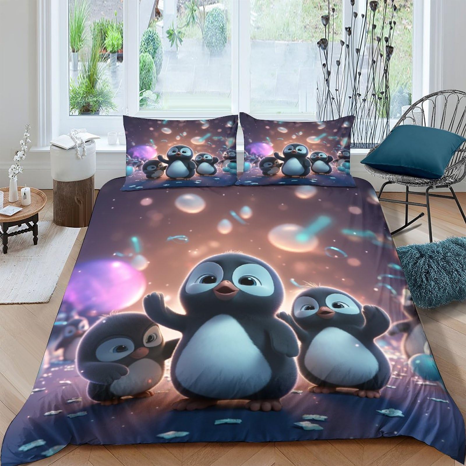 BARDYS Cute Penguin 3D Printed Bedding Set Soft Microfiber Penguin Comforter Cover with Pillowcaser, Quilt Cover with Zipper,Duvet Cover Set Light Weight for Kids Girls，boys Double（200x200cm）