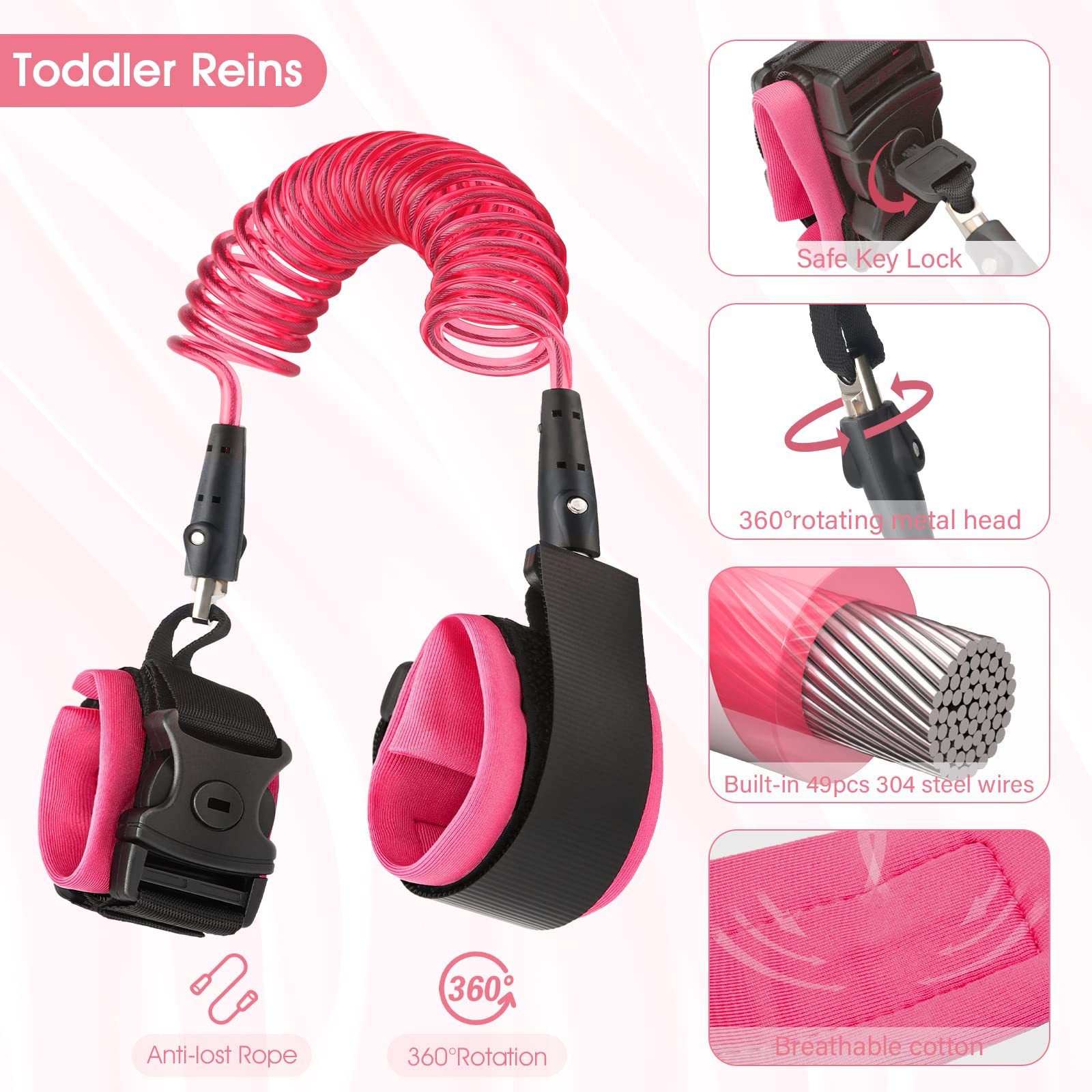 Bracciale Sicurezza Bambino Anti-Perso Guinzaglio Regolabile 360° Girevoli Rosa
