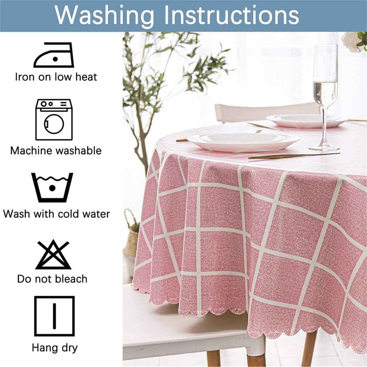 Tор Brаndѕ Waterproof Vinyl Tablecloth, Round Heavy Duty Plaid Table Cloth, Wipeable Table Cover for Kitchen Dining Room (Pink, 63 Round)