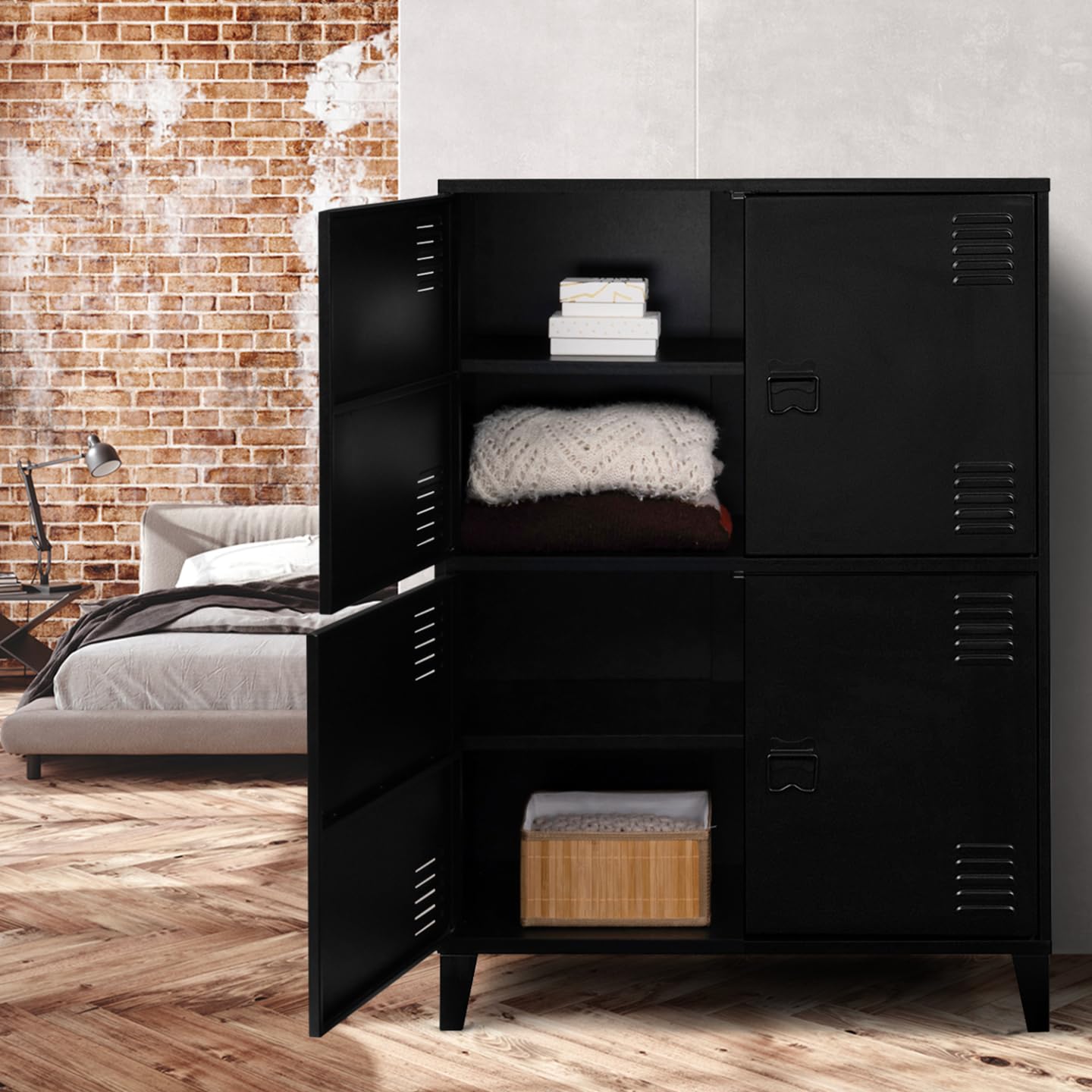 IDMarket – Armario Ester 4 puertas metal negro diseño industrial
