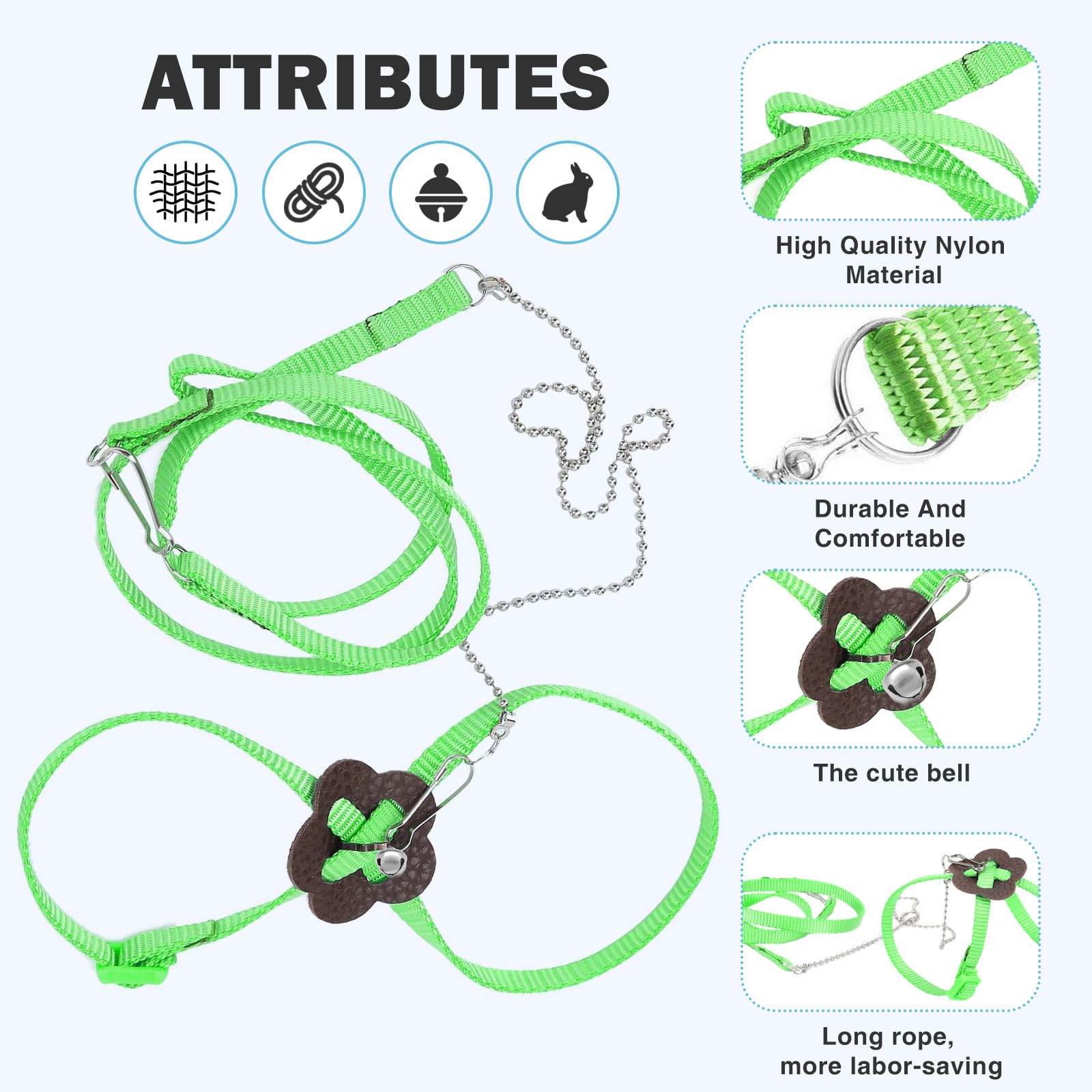 HOKABLE 2 Pack Adjustable Hamster Leash Harness for Harness for Ferret Baby Rabbit Hamster Rat Mouse Leash Lead with Bell (Green)
