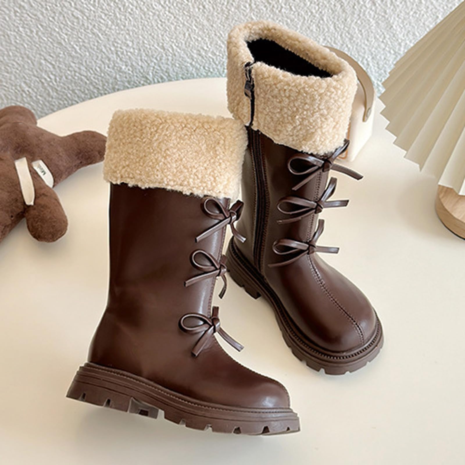 Botas de Nieve Otoño e Invierno para Niña Gruesas y Cálidas Botas Alta de Piel con Forro Polar con Lazos Bota de Media Caña con Cremallera Lateral Estilo Británico Botines Niña Plano para Uso Diario