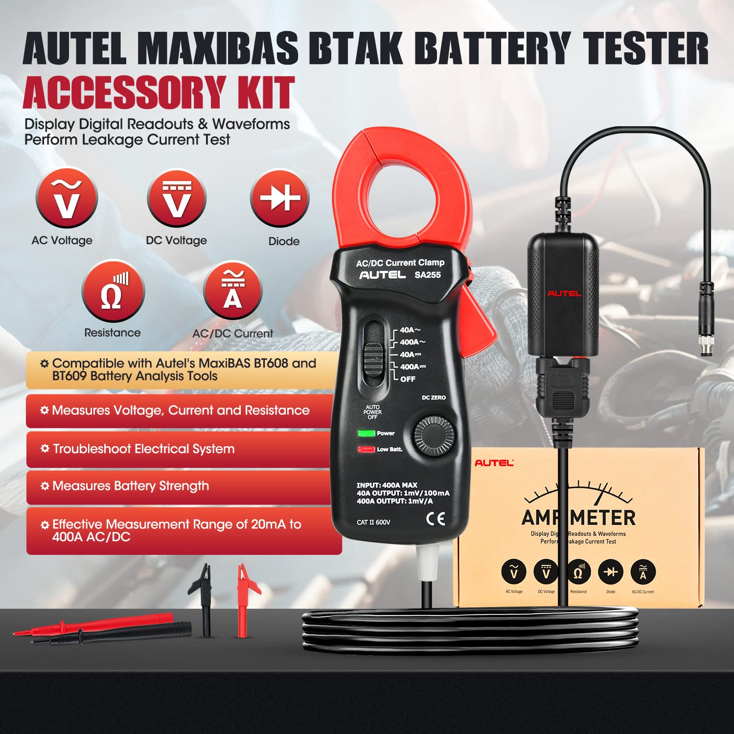 Autel MaxiBAS BTAK Battery Tester Accessory KIT, DM100 Digital Multimeter 400A Current Clamp, Measures Voltage, Current, Resistance & Battery Strength, Troubleshoot Elect Sys, Work w/ BT608 (E)/ BT609