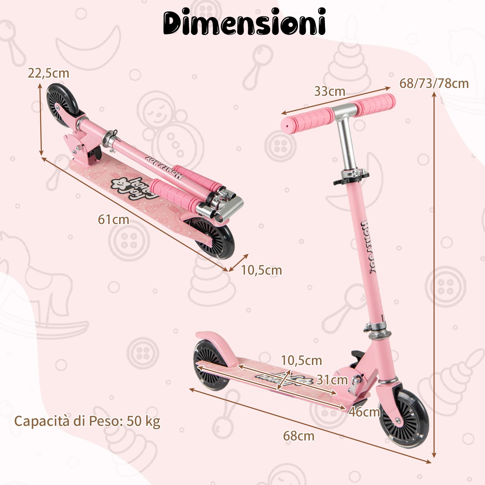 COSTWAY Monopattino per Bambini Pieghevole e Portatile, Monopattino a 2 Ruote con Manubrio Regolabile, Ruote Luminose a LED, Freno Posteriore e Tracolla, Ideale per Bambini e Bambine 3+