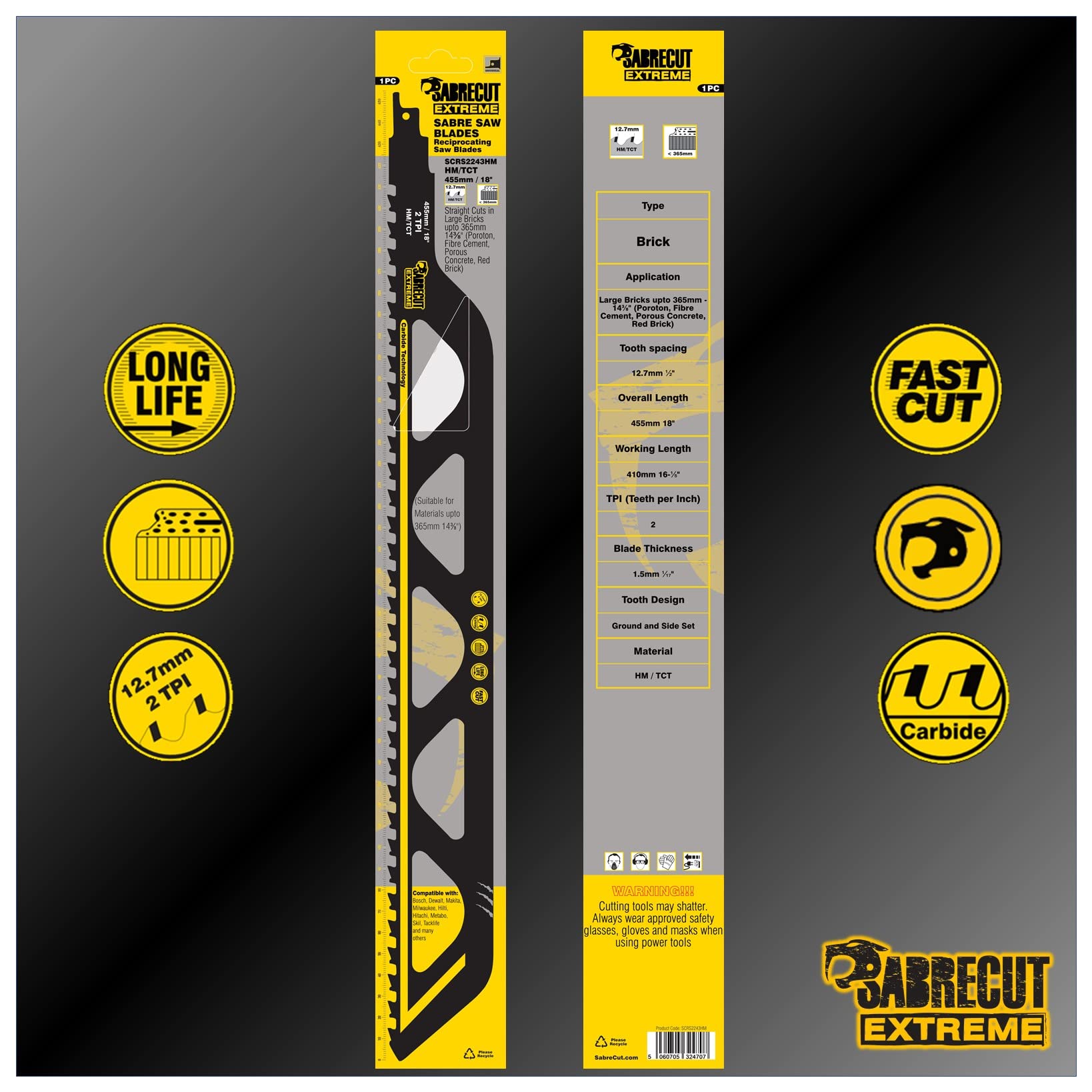 SabreCut 3pcs SCRS2243HM_3 455mm 2 TPI S2243HM Hojas sierra sable | Dientes de carburo de tungsteno ofrecen corte duradero en mampostería y materiales de obra