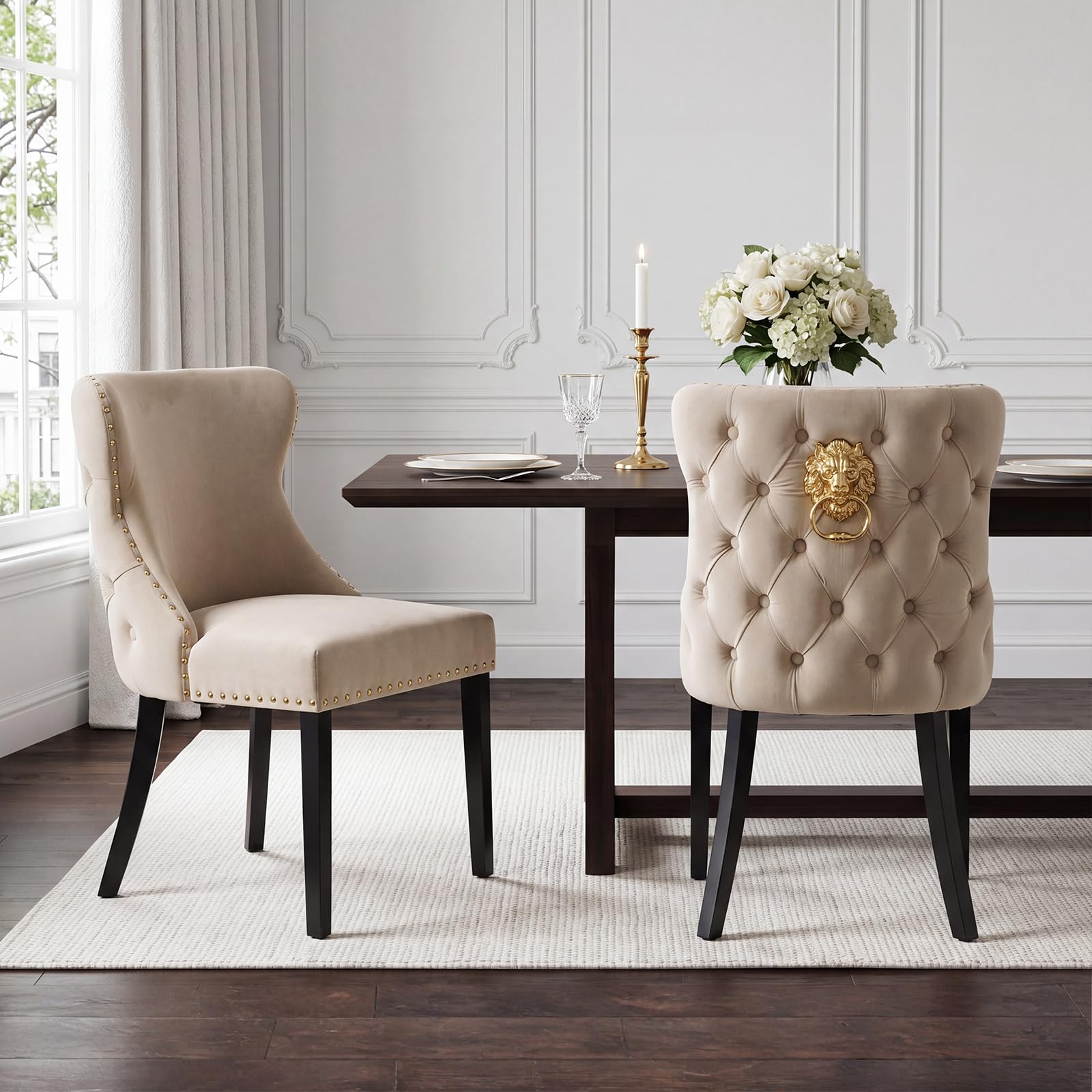 Ya-Home Dining Chairs Set of 2 Golden Lion Knocker Kitchen Chairs, Khaki