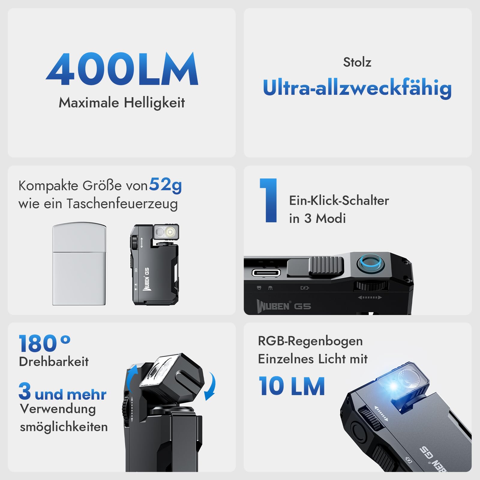 WUBEN G5 LED Taschenlampe Aufladbar - RGB Mini Schlüsselanhänger 400 Lumen, EDC Multifunktional Magnetische USB, 6 Modi Flashlight Wasserdicht für Camping Outdoor