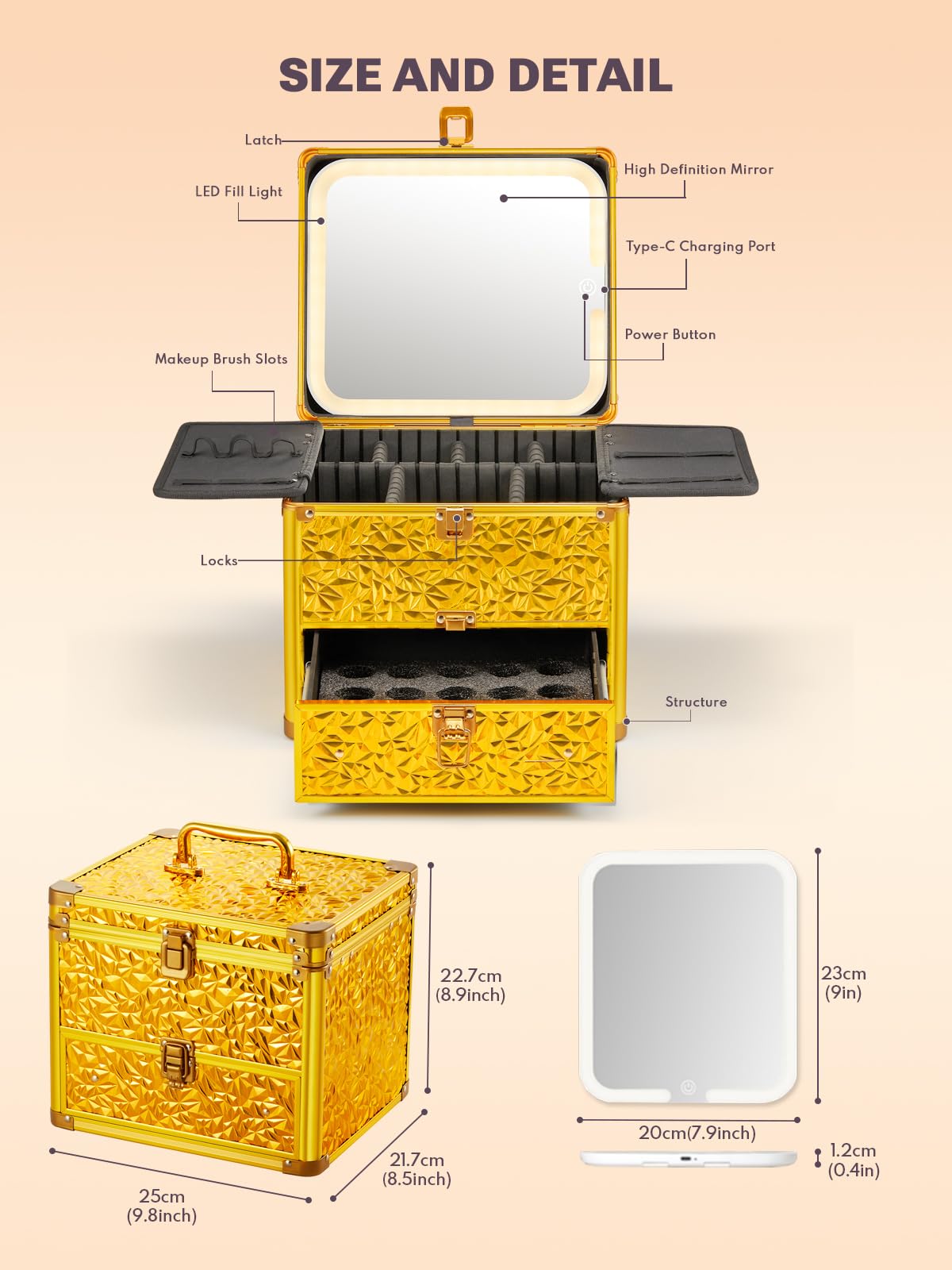 Qislee Make-up-Box mit Schublade und abnehmbarem beleuchtetem Spiegel, wasserdichter Reisekoffer, Kosmetik-Organizer und Make-up-Koffer mit verstellbaren Trennwänden, magnetischem LED-Spiegel