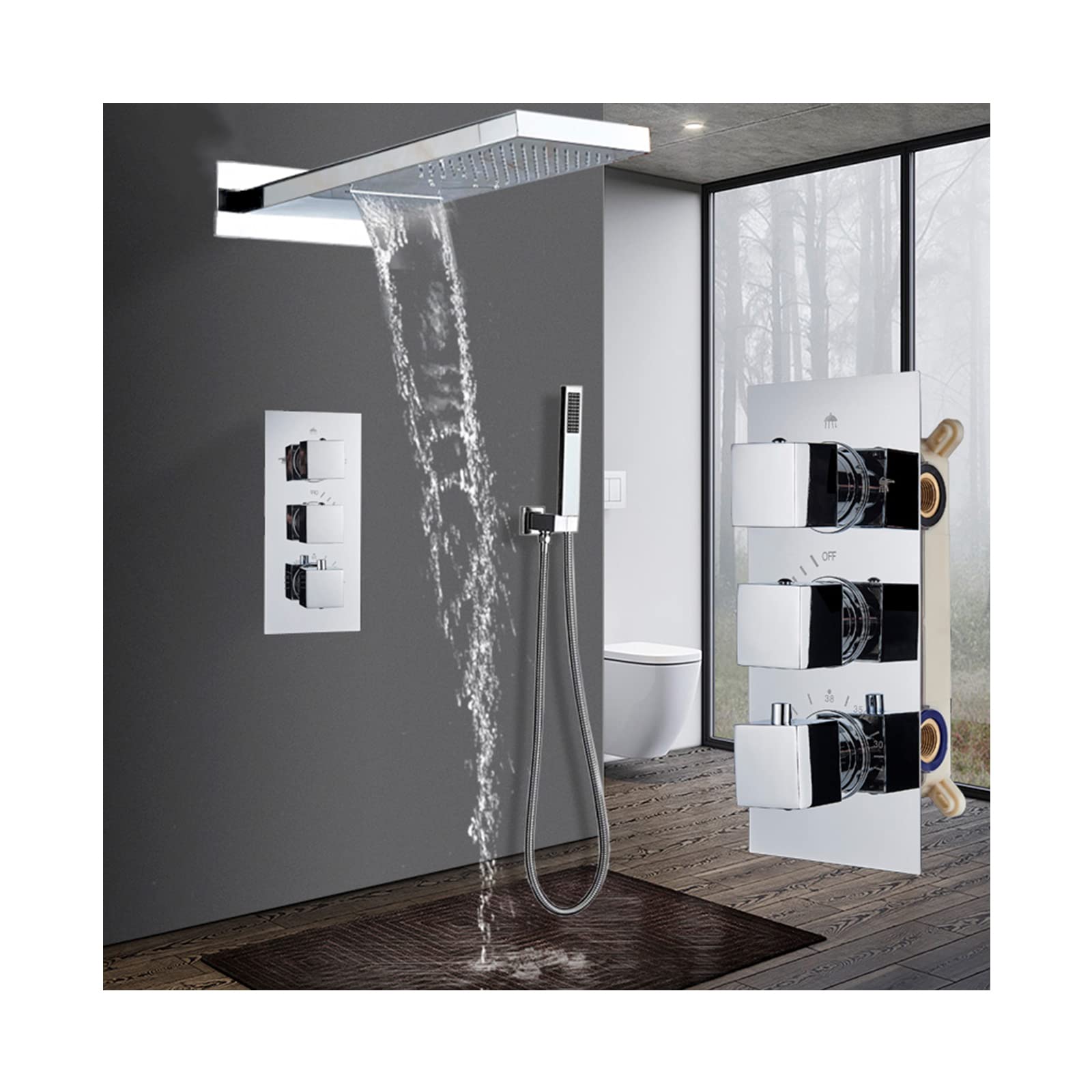 CWCQGH Concealed Shower System Thermostatic Shower Faucet Set Concealed Shower Mixer Taps Set with Hand Shower and Waterfall Rainfall Shower Head