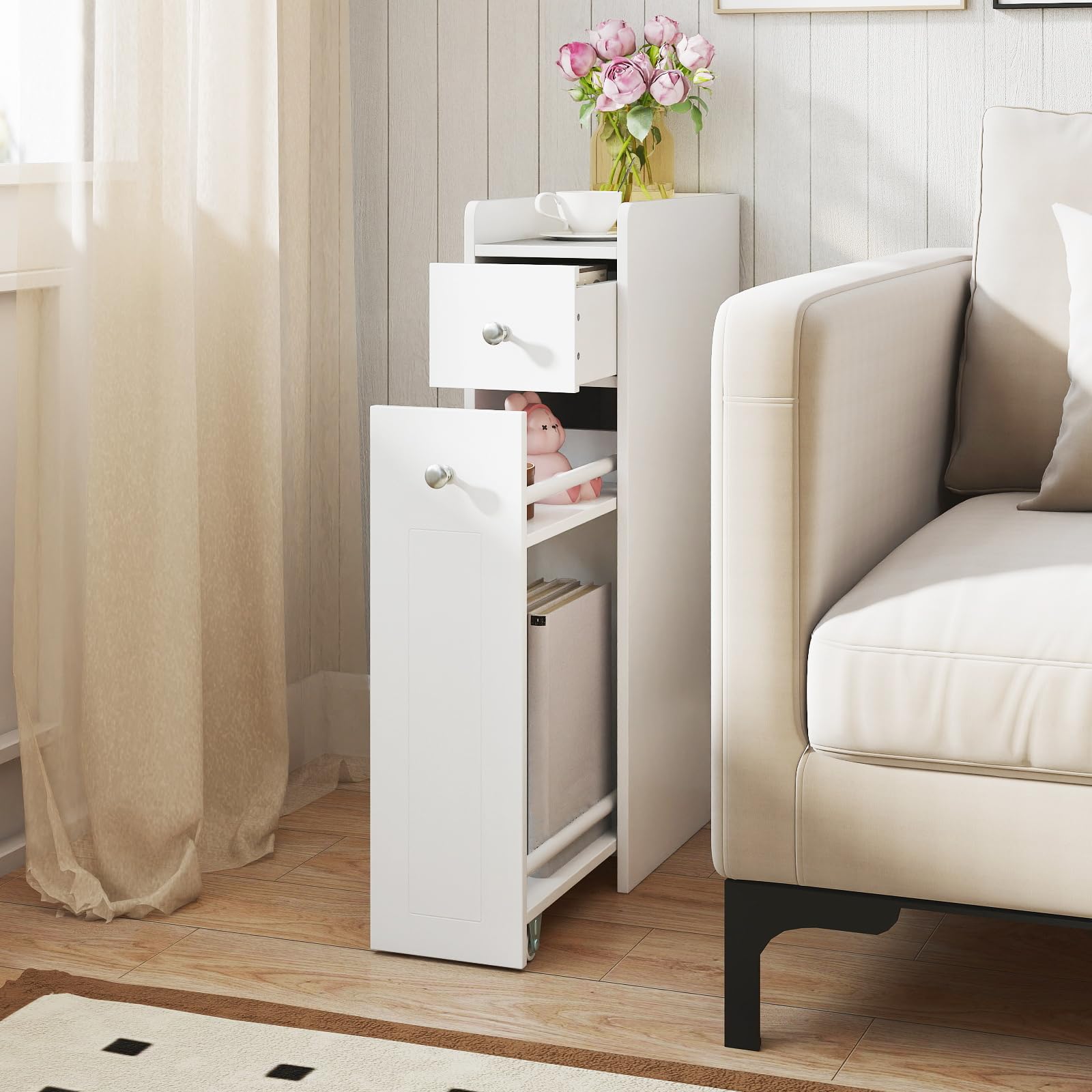 COSTWAY Mobile da Bagno Piccolo, Mobiletto Salvaspazio Stretto a 4 Ripiani con Cassetti Estraibili su Ruote, Credenza Sottile da Terra Porta Carta Igienica per Spazi Ridotti (Bianco)