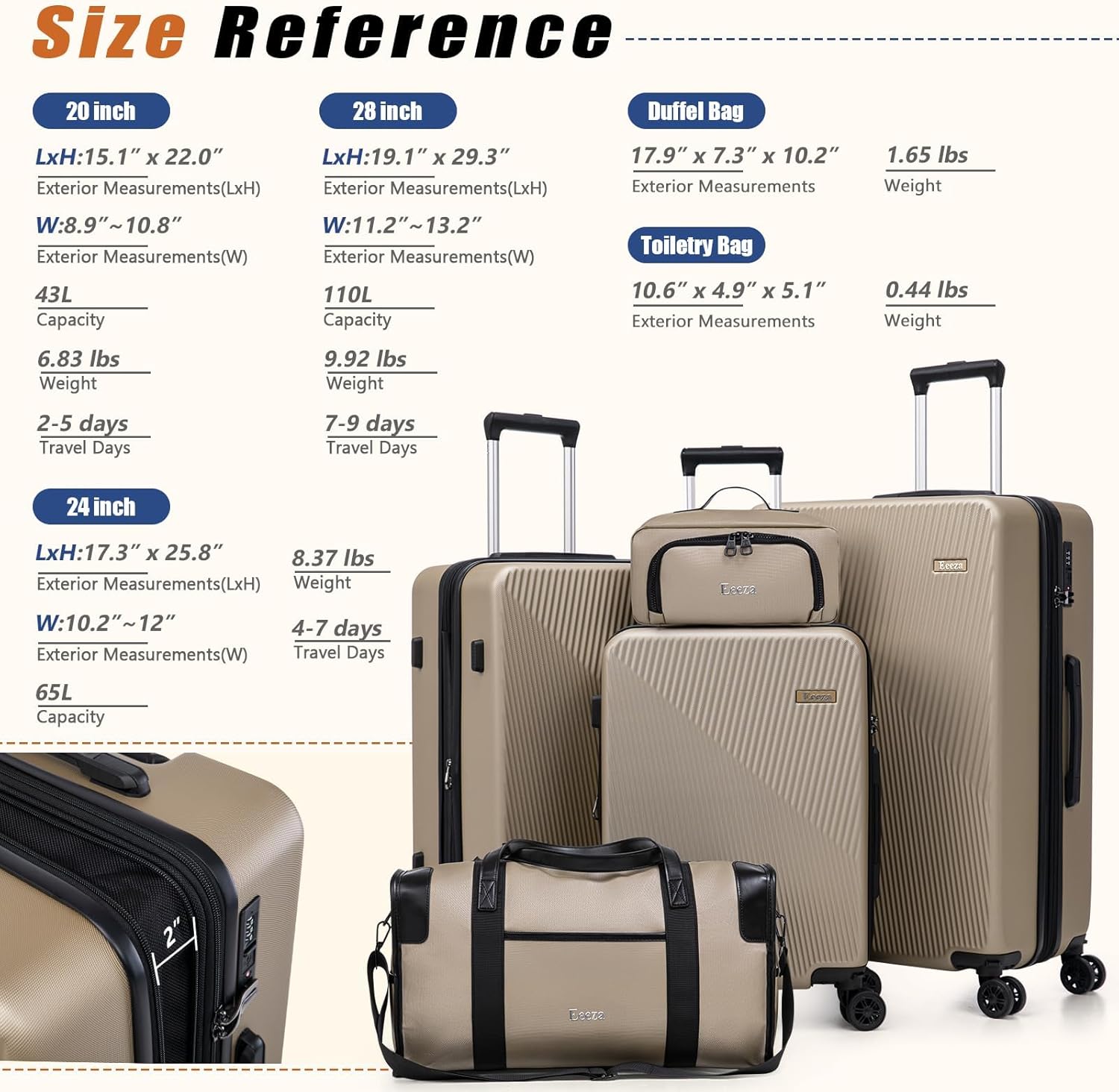 Expandable Luggage Sets 5 Piece,Suitcases with Detachable Wheels,ABS Hard Case Luggage with TSA Lock Spinner Wheels,Carry On Luggage Set - Image 9