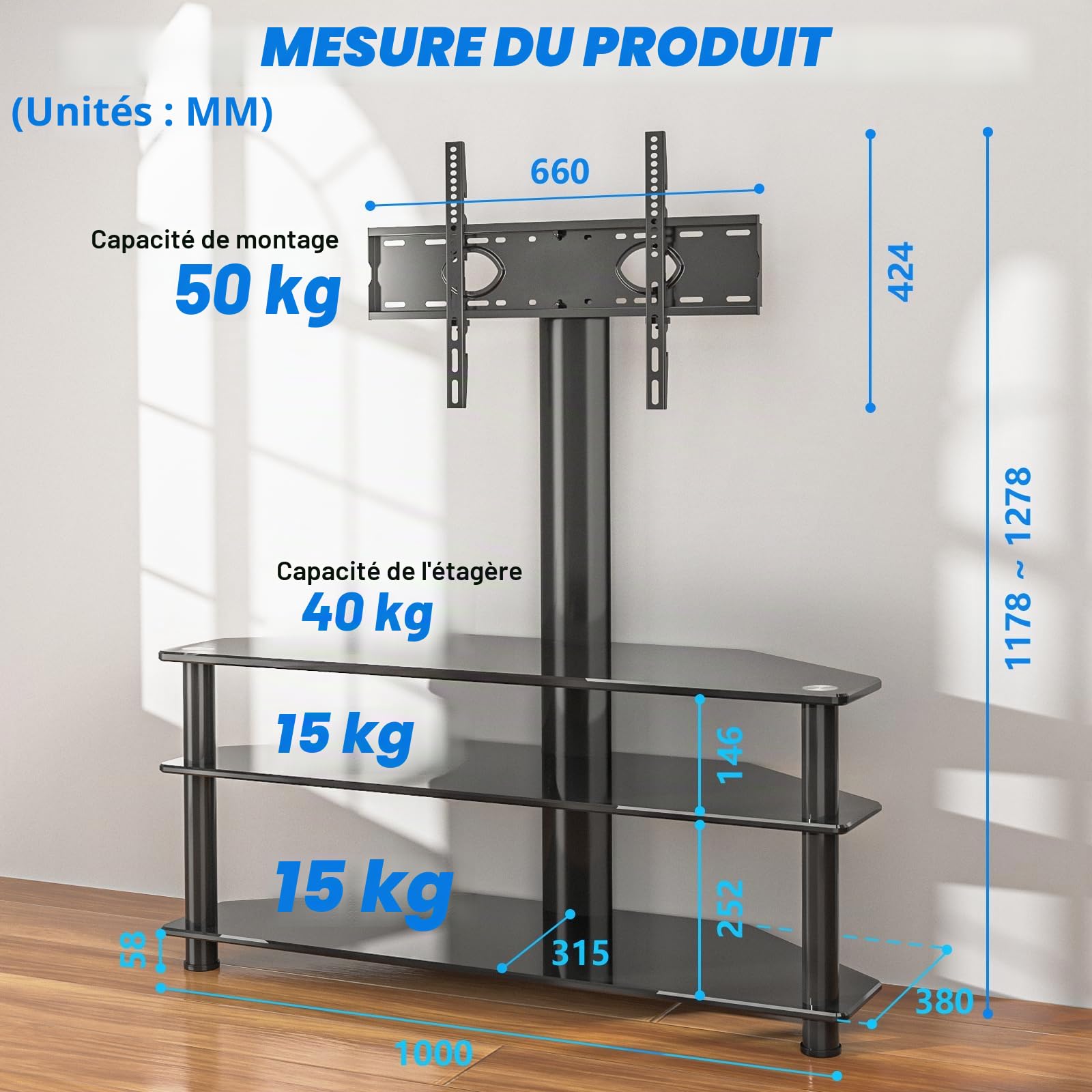 RFIVER Meuble TV avec Support Pivotant Hauteur Réglable pour TVs et Ecrans LCD LED de 32 à 70 Pouces 3 Étagères TW1002