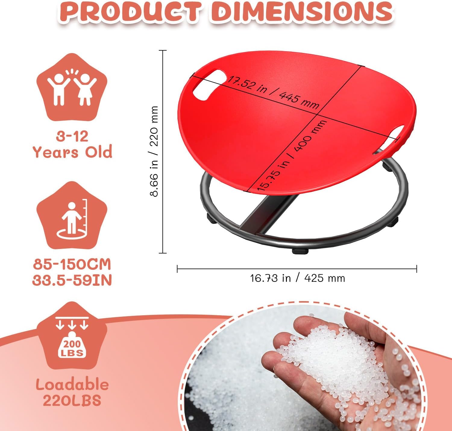 Spinning Chair for Autistic Kids - Sensory Spinning Chair for Autistic Children with Safety Handle & Non-Slip Design(Red)