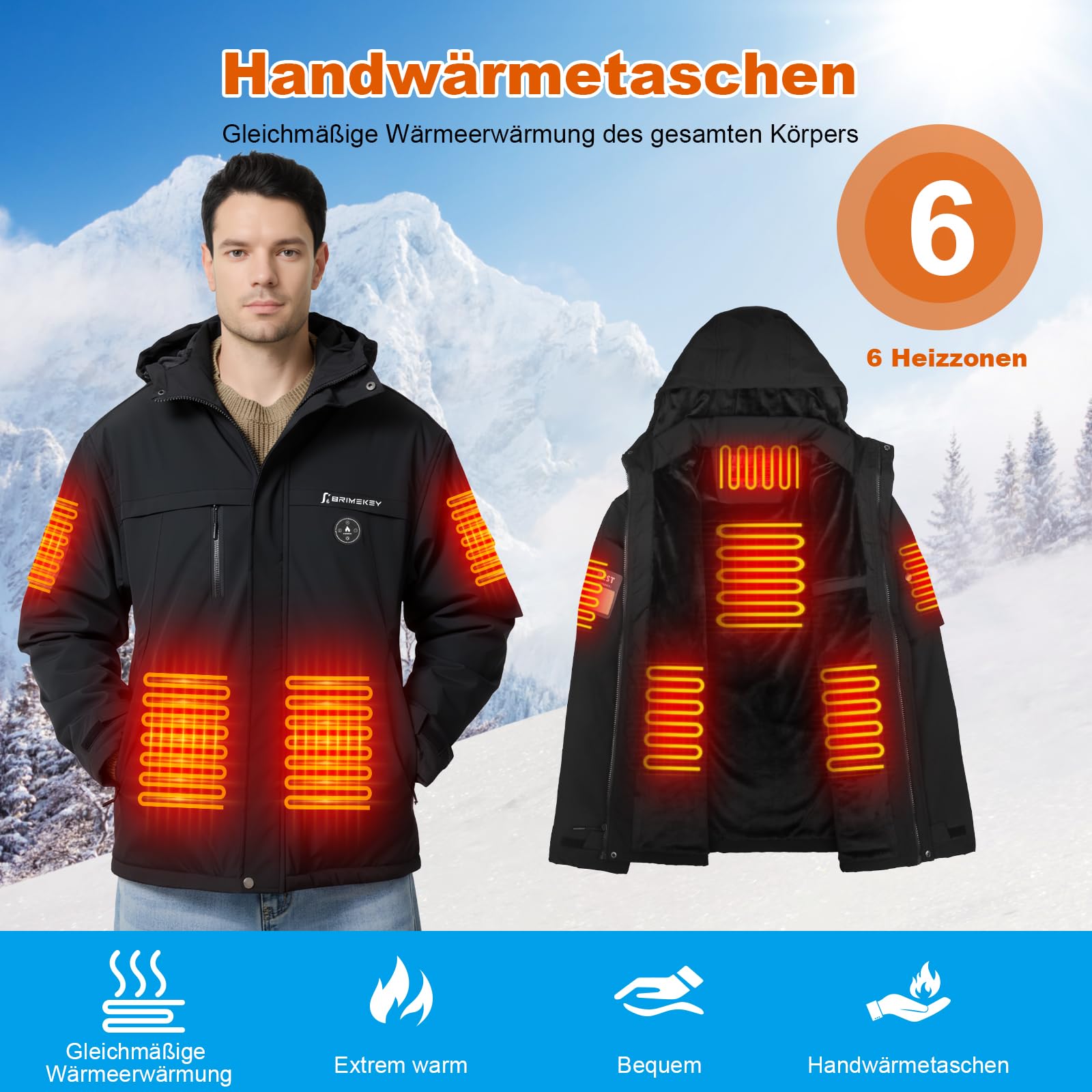 Beheizte Jacke Herren mit Fleecefutter, 20000mAh 7.4V Akku, 6 Heizzonen, 3 Temperaturstufen, Wasserdichte Winddichte Winterjacke