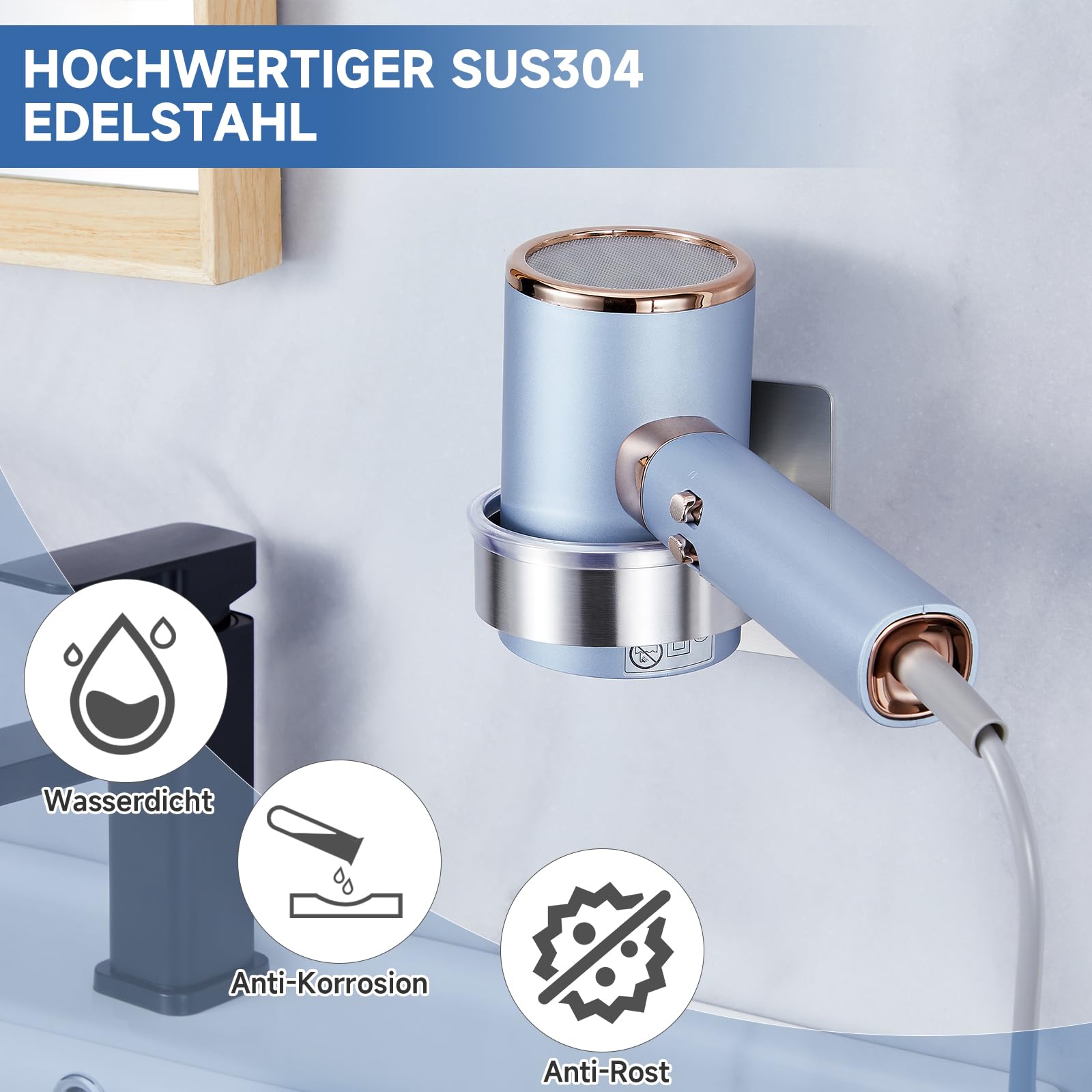 Soporte secador de pelo de acero inoxidable, Porta secador de pelo sin taladro para baño