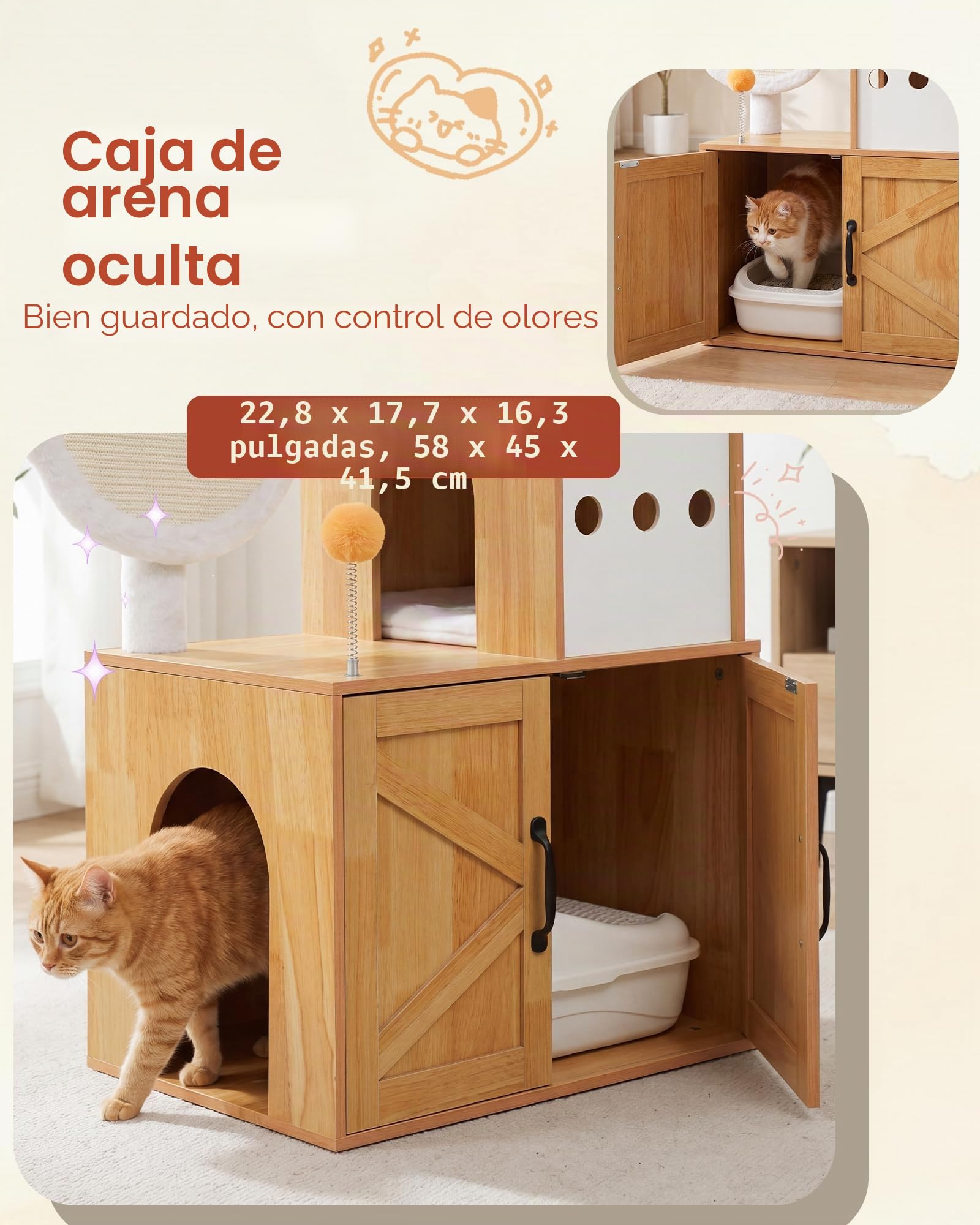 Heybly Árbol para Gatos con Mueble Arenero Oculto, Torre Rascador 162 cm para Gatos de Interior, Condominio de Madera con Casa, Plataformas, Tabla Rascadora y Juguetes, Nogal HCT105WB