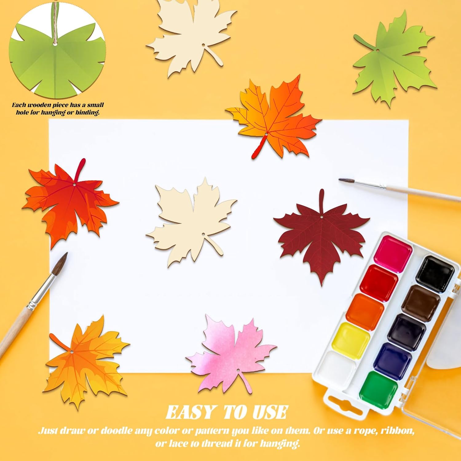 25 PCS Unfinished Thanksgiving Wooden Crafts DIY Wood Cutouts with Hole Hanging Tags with Hemp Ropes Fall Harvest Christmas Party Decorations (Maple Leaf) - Image 4