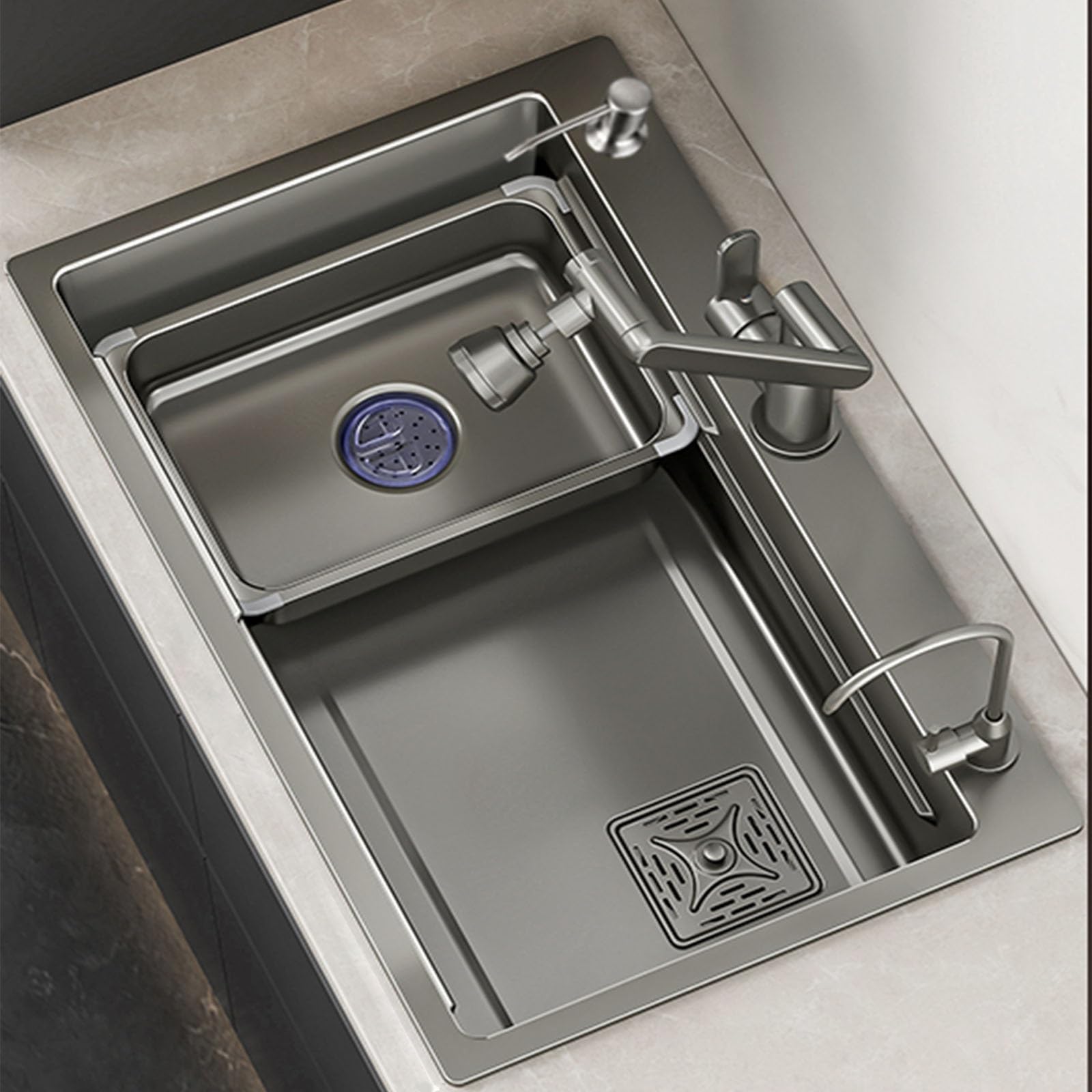 Lonheo Fregadero cocina 1 seno 68 x 45 cm, gran fregadero sobre encimera con Escurridor y Dispensador de jabón, incluyendo sifón, rebosadero y desagüe (Acero Inoxidable